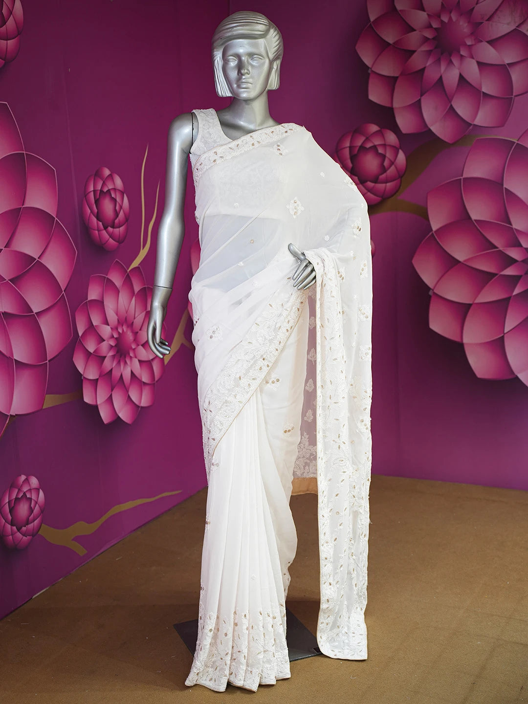 Ada Hand Embroidered Powder Pink Viscose Georgette Lucknowi Chikankari Saree/Blouse With Gota Patti Work 01A604474