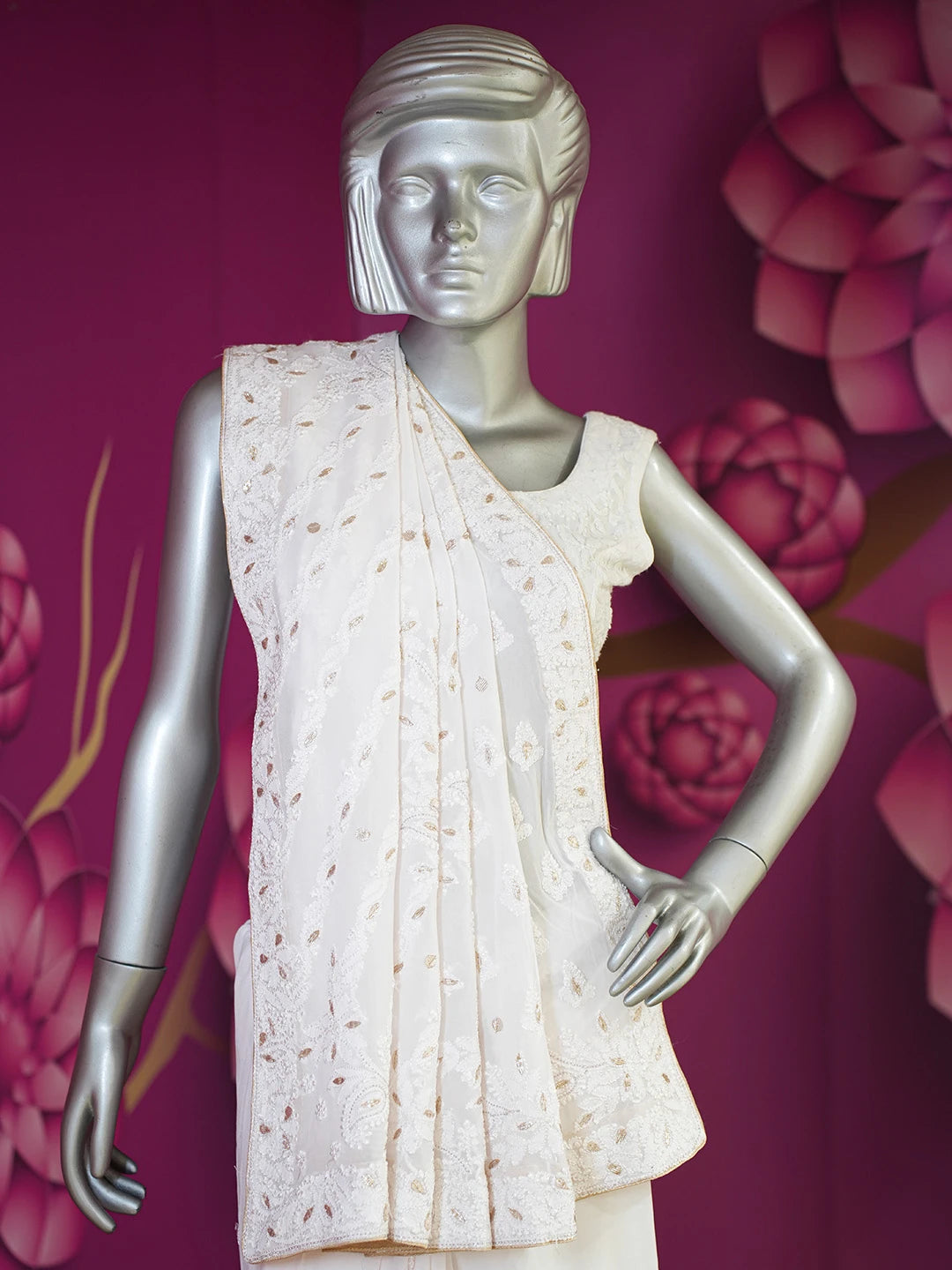 Ada Hand Embroidered Powder Pink Viscose Georgette Lucknowi Chikankari Saree/Blouse With Gota Patti Work 01A604474