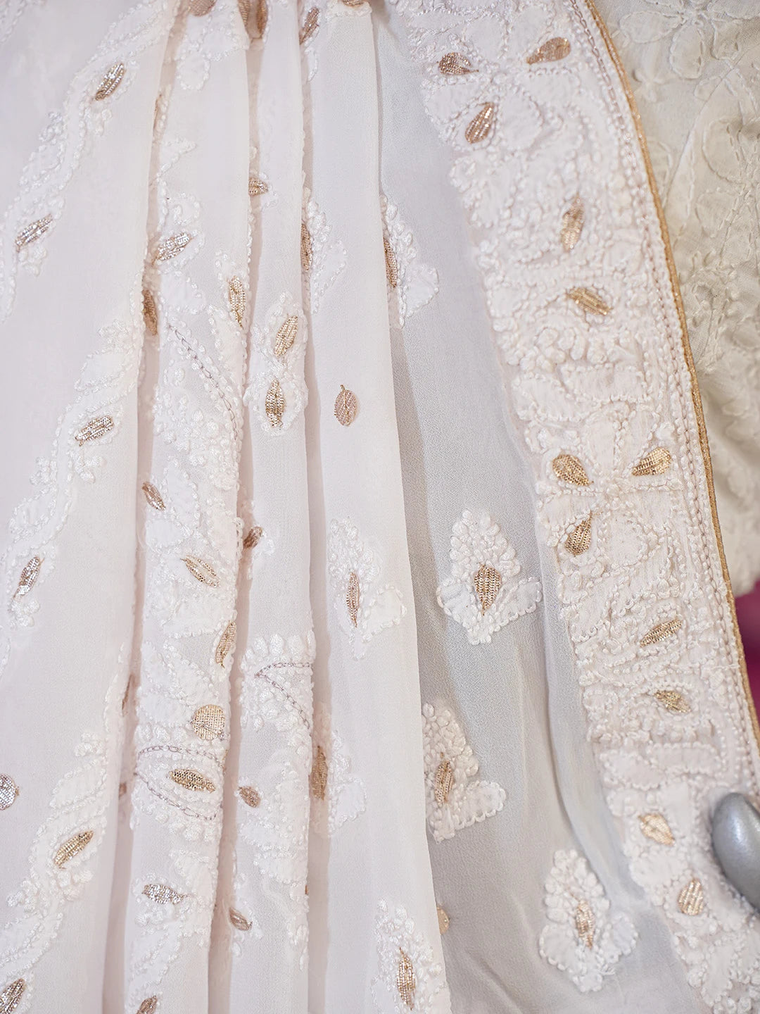 Ada Hand Embroidered Powder Pink Viscose Georgette Lucknowi Chikankari Saree/Blouse With Gota Patti Work 01A604474
