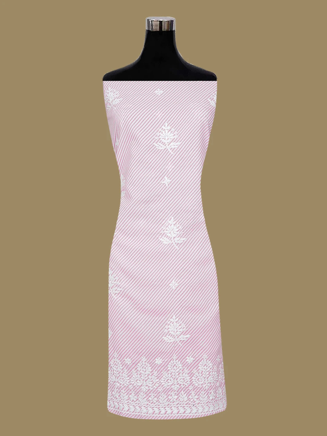 Ada Hand Embroidered Pink and White Lehariya Print Cotton Lucknowi Chikankari Unstitched Kurta Piece 01A654525
