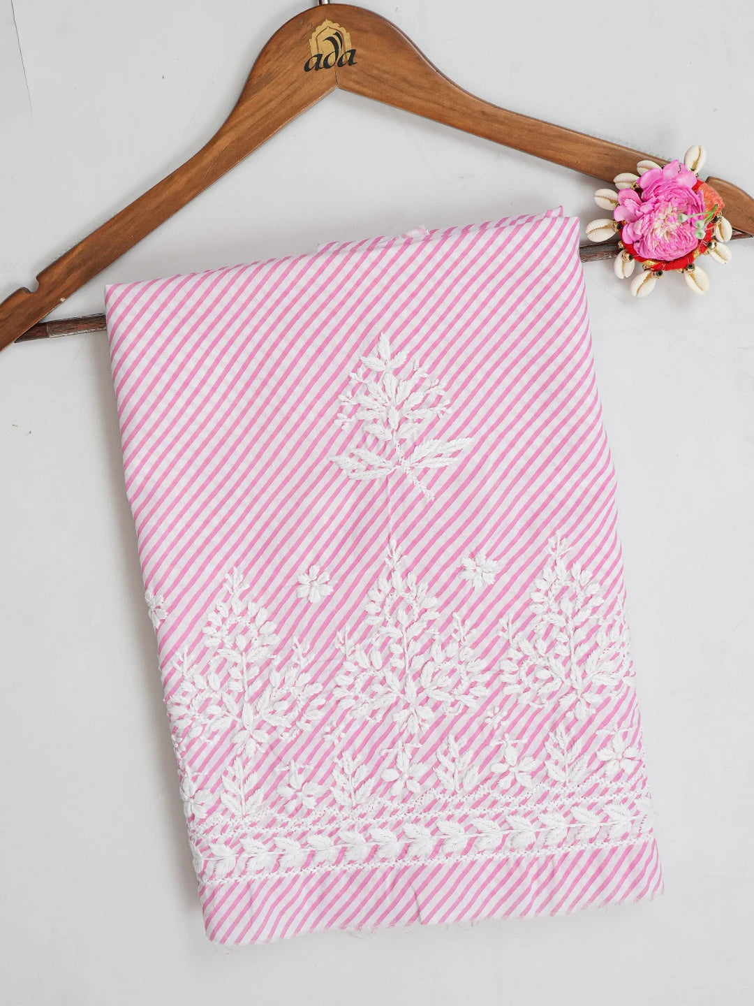 Ada Hand Embroidered Pink and White Lehariya Print Cotton Lucknowi Chikankari Unstitched Kurta Piece 01A654525