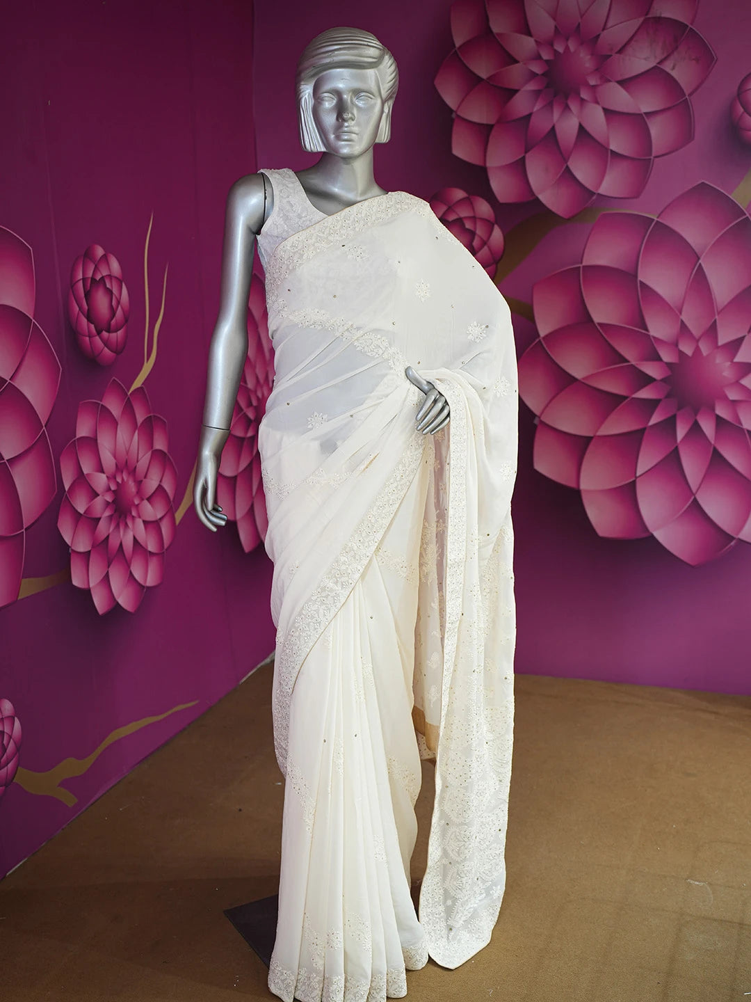 Ada Hand Embroidered Mint Cream Viscose Georgette Lucknowi Chikankari Saree/Blouse With Muqaish Work 01A604472