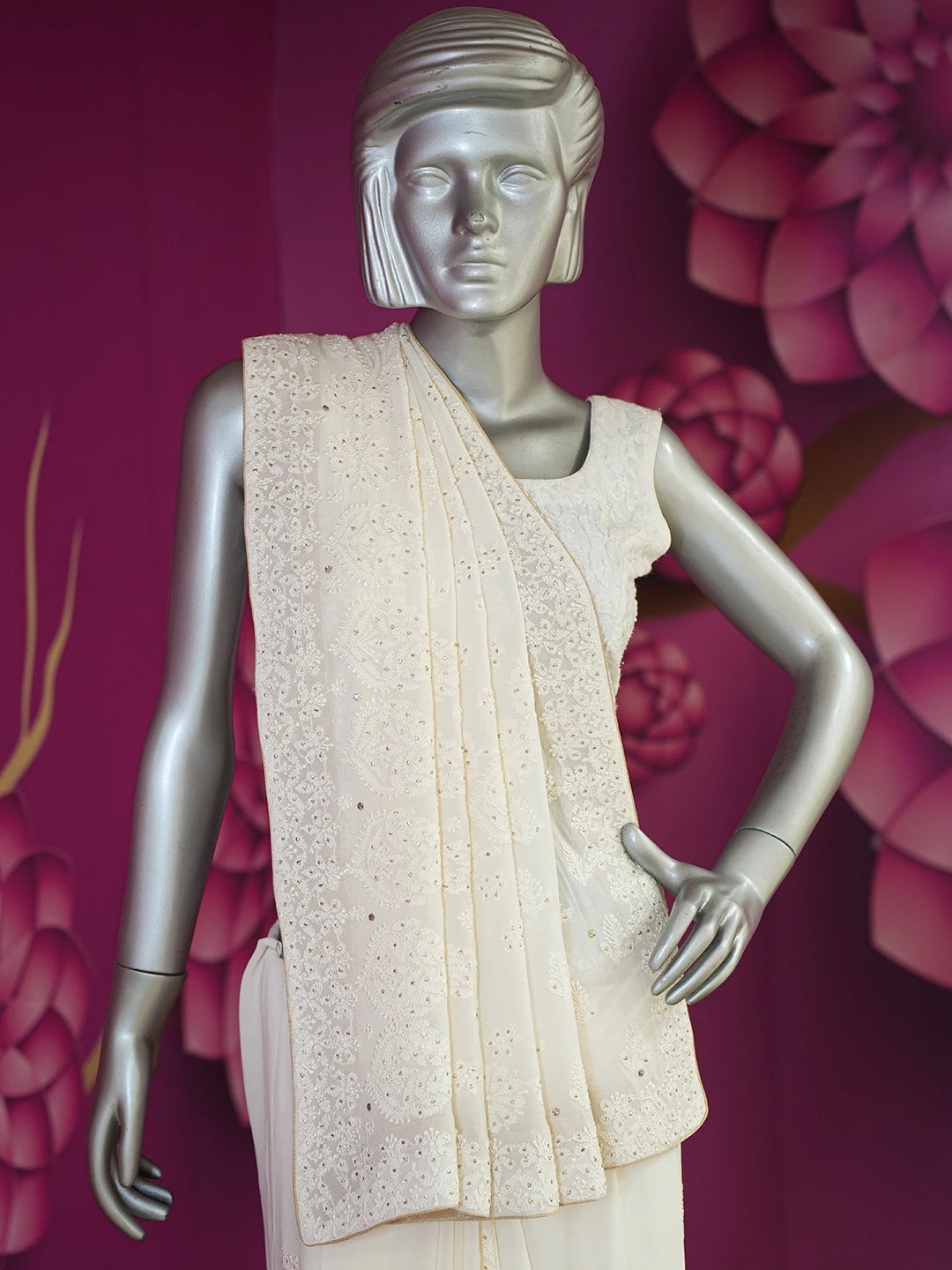 Ada Hand Embroidered Mint Cream Viscose Georgette Lucknowi Chikankari Saree/Blouse With Muqaish Work 01A604472
