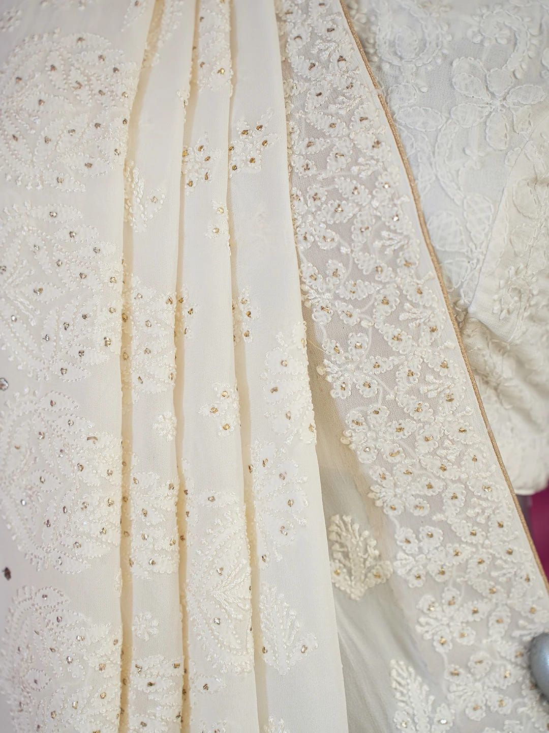 Ada Hand Embroidered Mint Cream Viscose Georgette Lucknowi Chikankari Saree/Blouse With Muqaish Work 01A604472