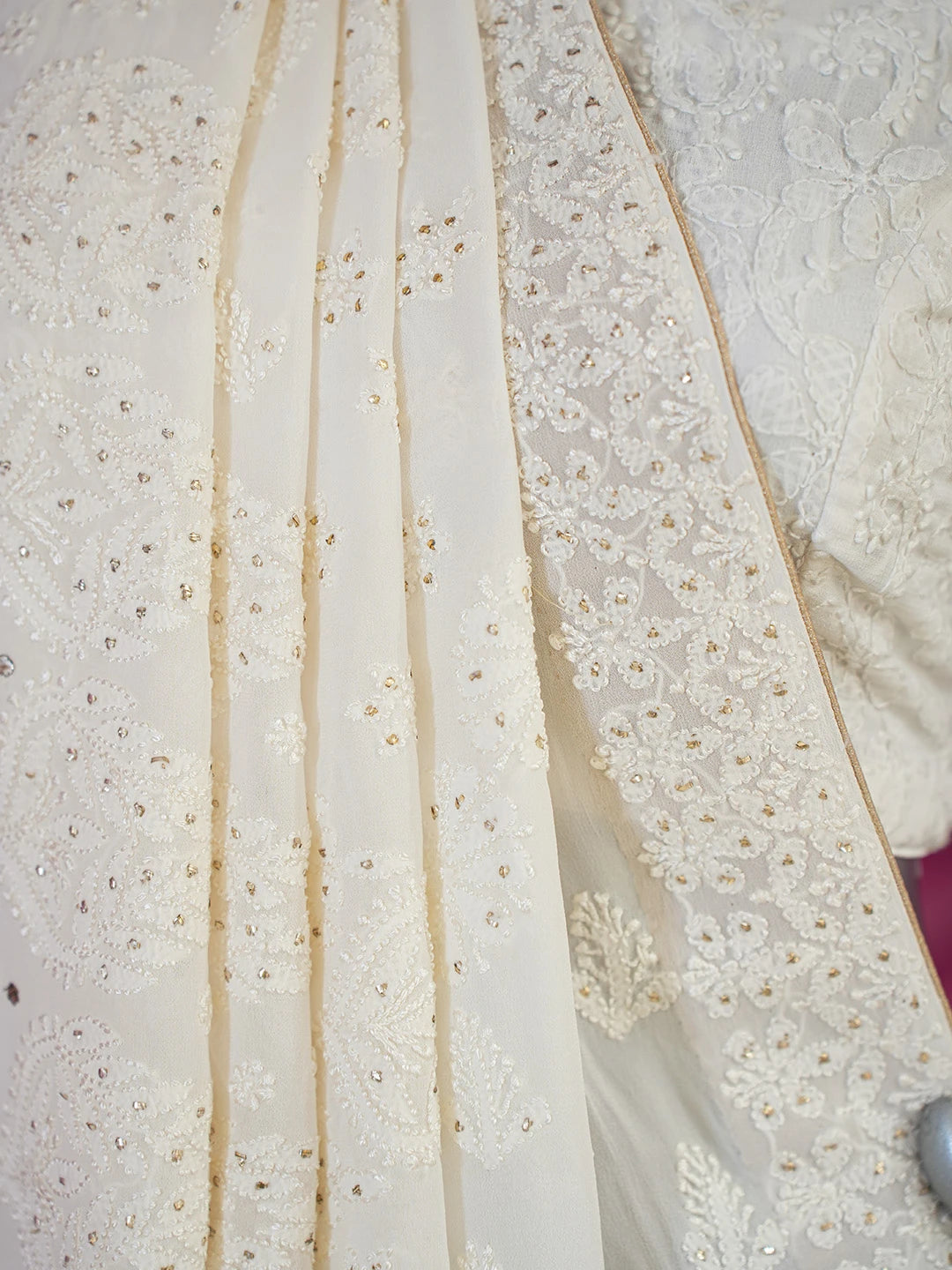 Ada Hand Embroidered Mint Cream Viscose Georgette Lucknowi Chikankari Saree/Blouse With Muqaish Work 01A604472