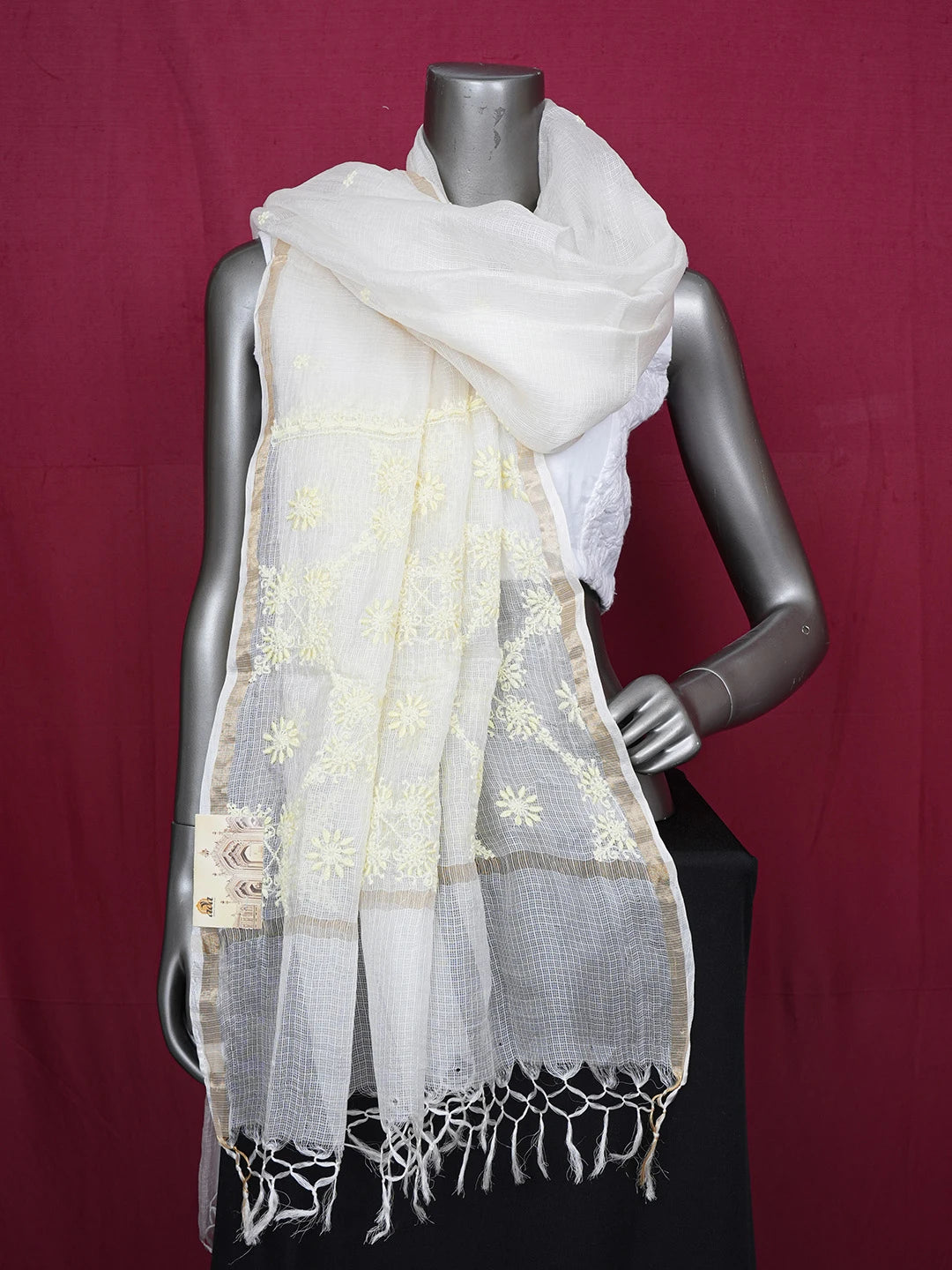 Ada Hand Embroidered White Kota Silk Lucknowi Chikankari Dupatta 01A661108