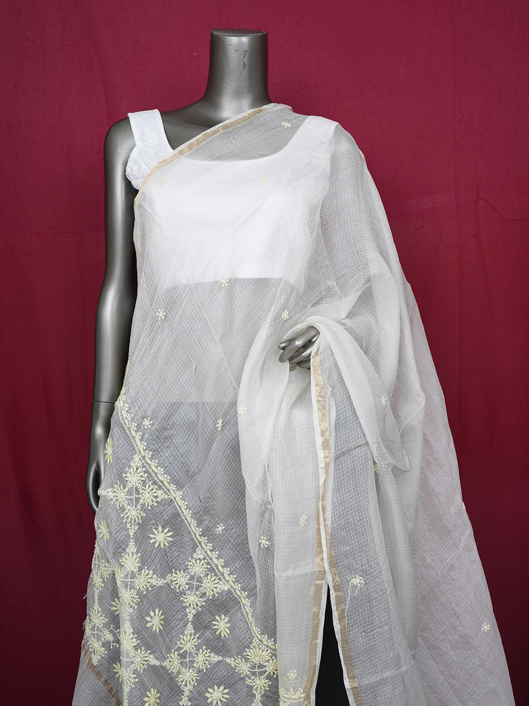 Ada Hand Embroidered White Kota Silk Lucknowi Chikankari Dupatta 01A661108