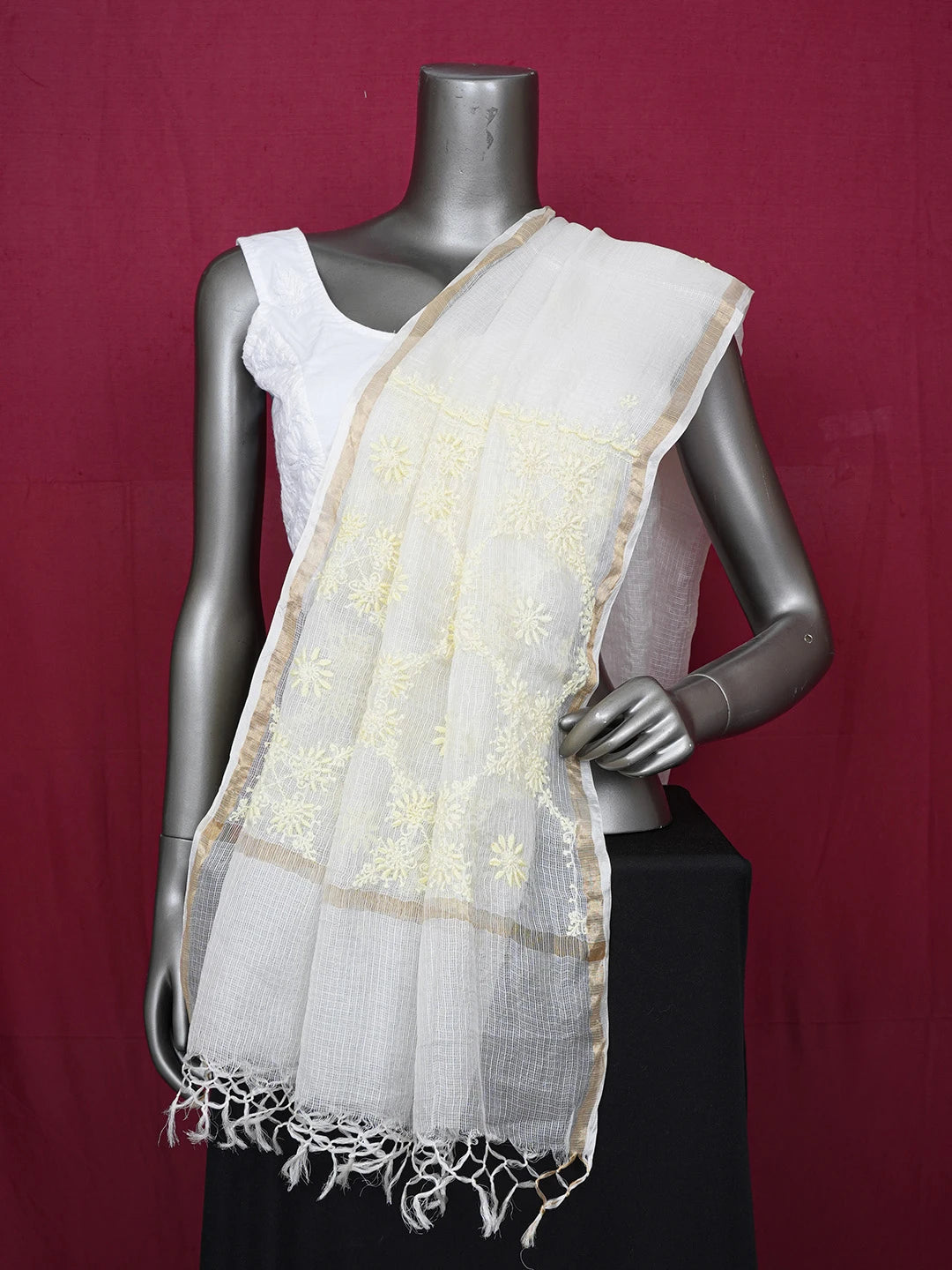 Ada Hand Embroidered White Kota Silk Lucknowi Chikankari Dupatta 01A661108