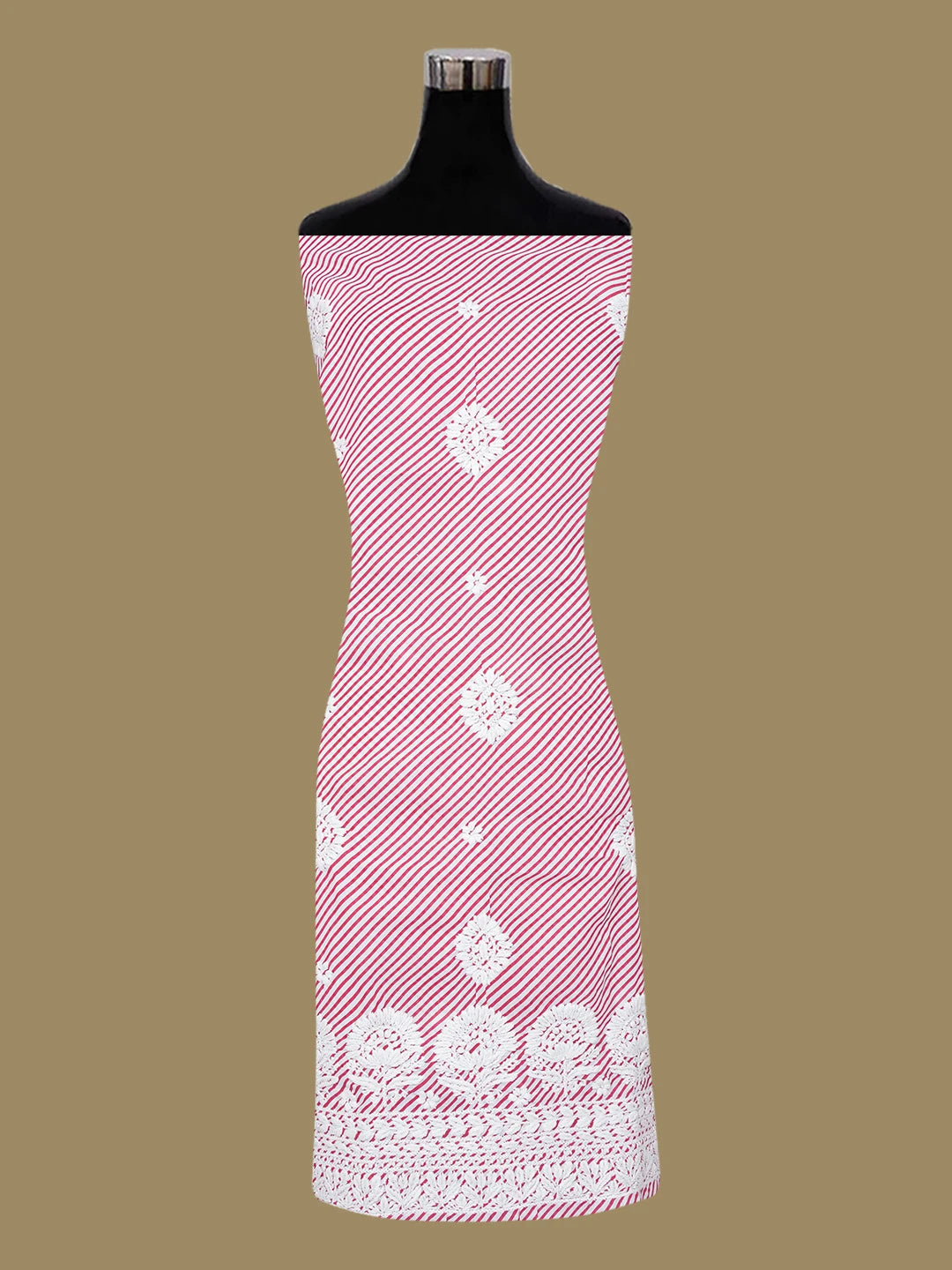 Ada Hand Embroidered Red and White Lehariya Print Cotton Lucknowi Chikankari Unstitched Kurta Piece 01A654512