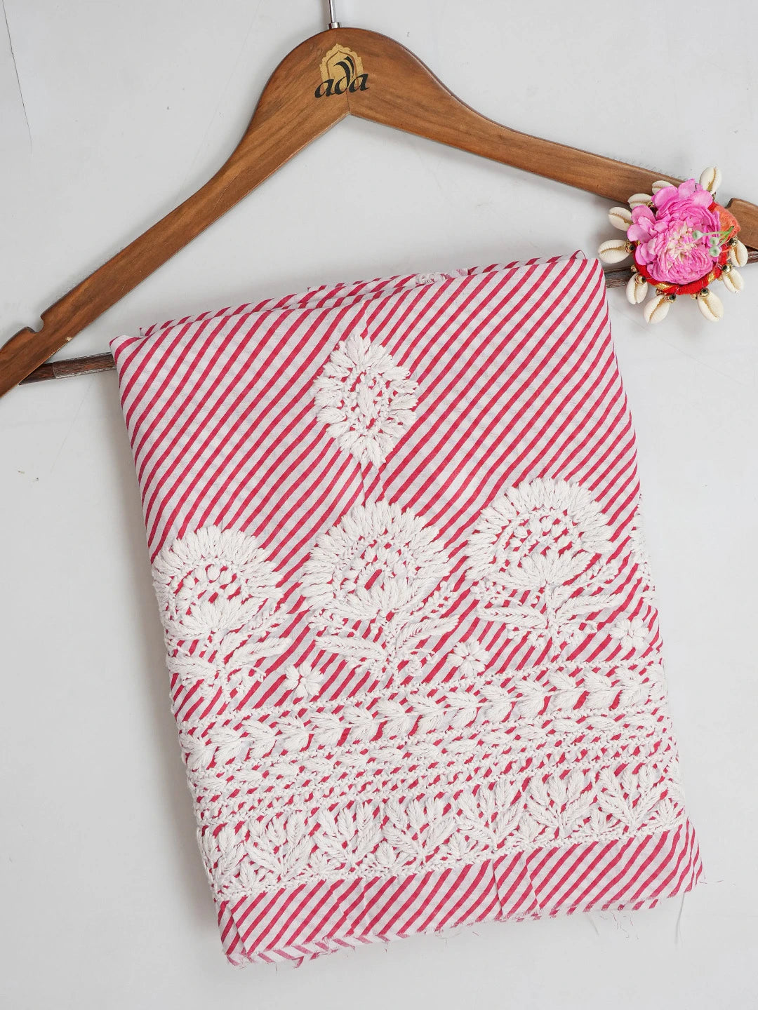 Ada Hand Embroidered Red and White Lehariya Print Cotton Lucknowi Chikankari Unstitched Kurta Piece 01A654512