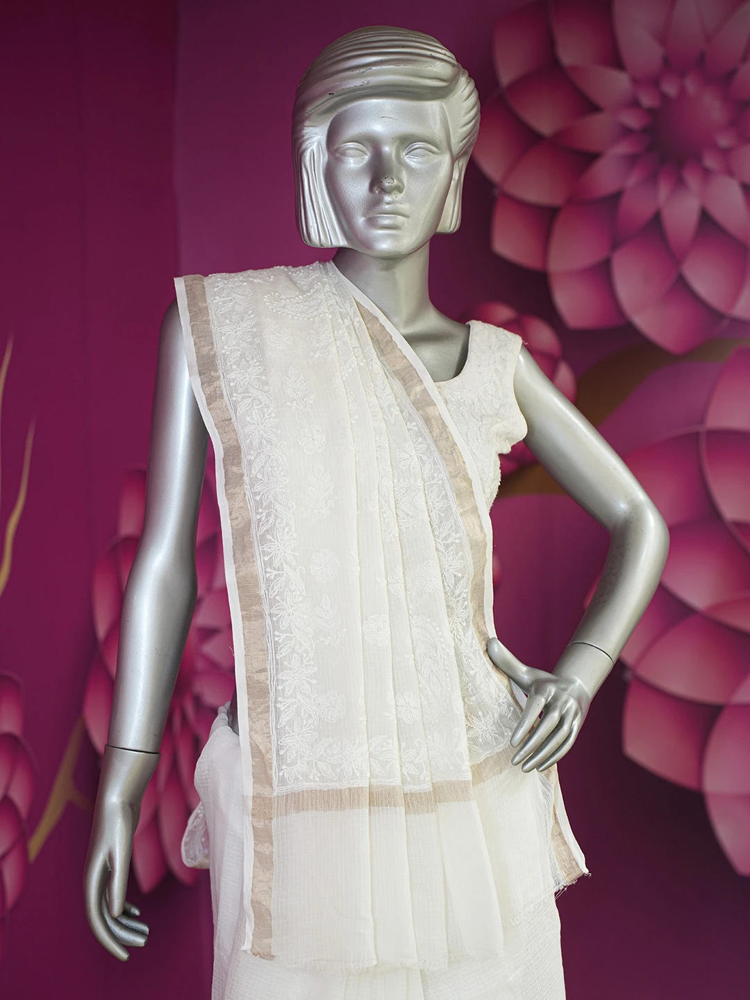 Ada Hand Embroidered White Kota Lucknowi Chikankari Saree With Blouse 01A646413