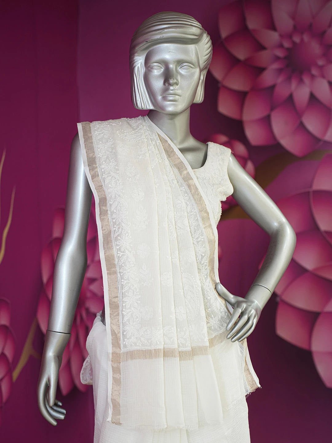 Ada Hand Embroidered White Kota Lucknowi Chikankari Saree With Blouse 01A646413