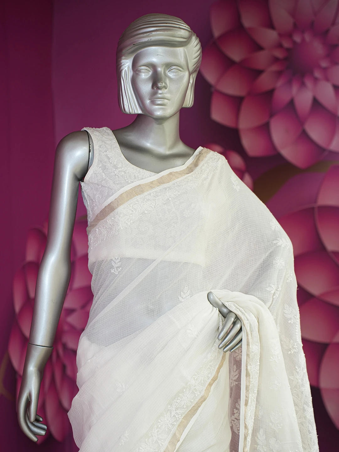 Ada Hand Embroidered White Kota Lucknowi Chikankari Saree With Blouse 01A646413