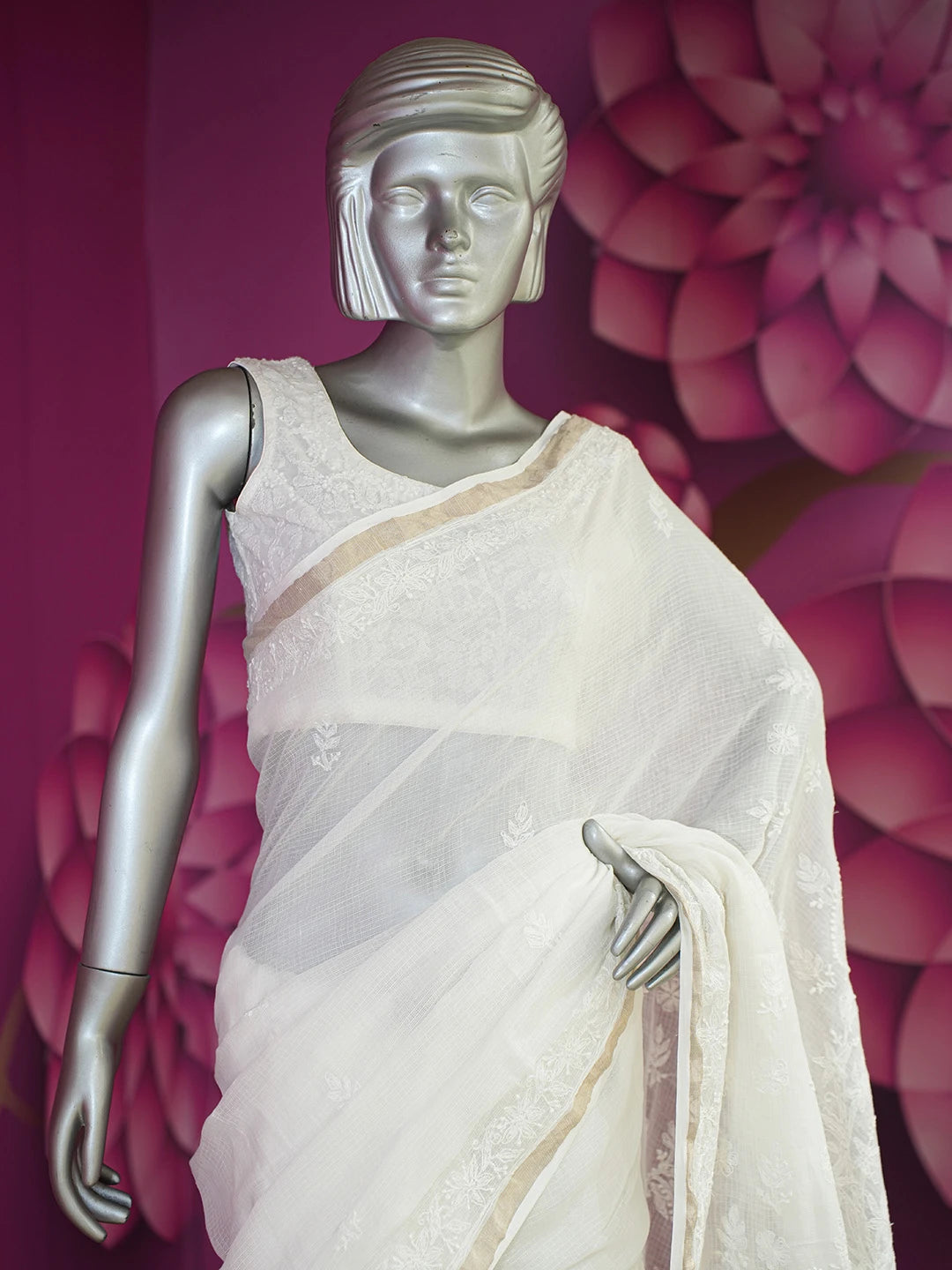 Ada Hand Embroidered White Kota Lucknowi Chikankari Saree With Blouse 01A646413