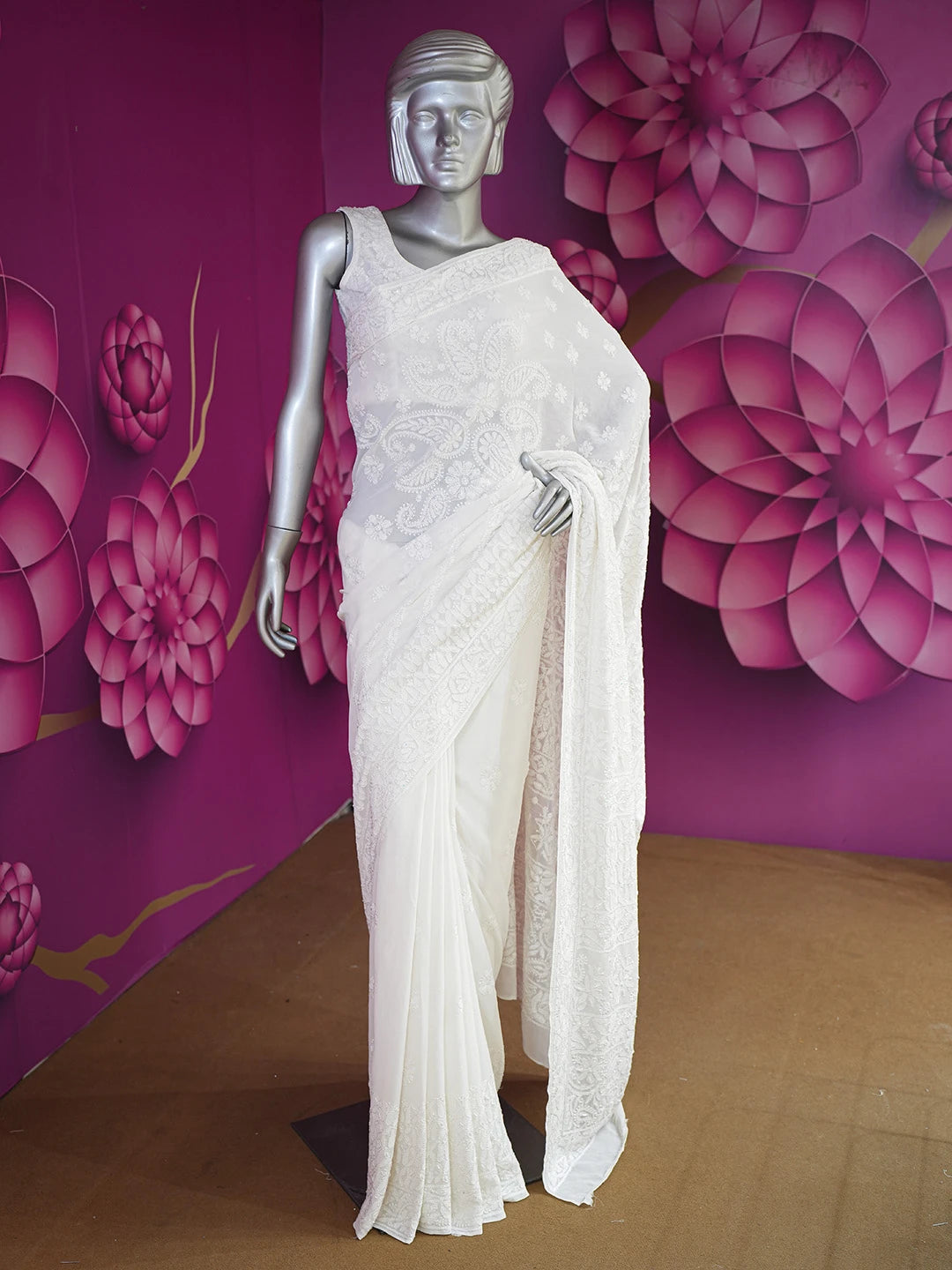 Ada Hand Embroidered White Pure Georgette Lucknowi Chikankari Saree and Blouse With Cutdana Work 01A604430