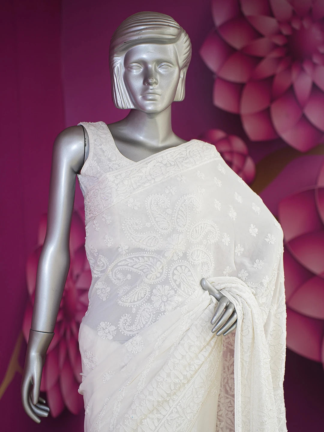 Ada Hand Embroidered White Pure Georgette Lucknowi Chikankari Saree and Blouse With Cutdana Work 01A604430