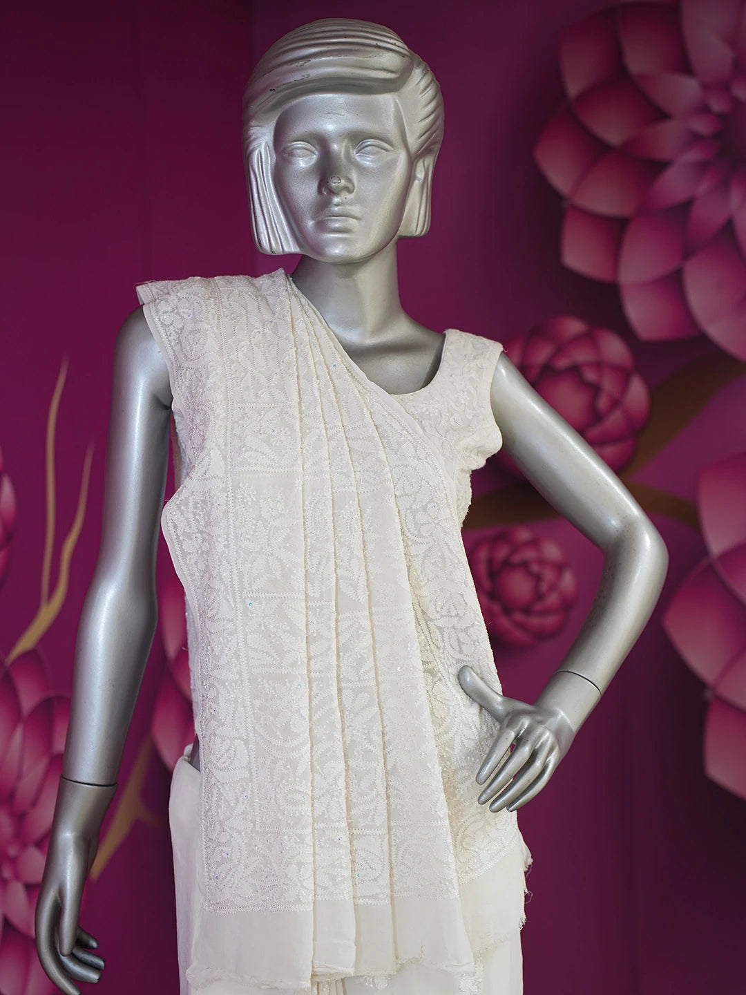 Ada Hand Embroidered White Pure Georgette Lucknowi Chikankari Saree and Blouse With Cutdana Work 01A604430