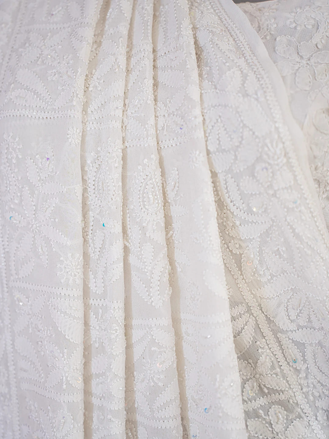 Ada Hand Embroidered White Pure Georgette Lucknowi Chikankari Saree and Blouse With Cutdana Work 01A604430