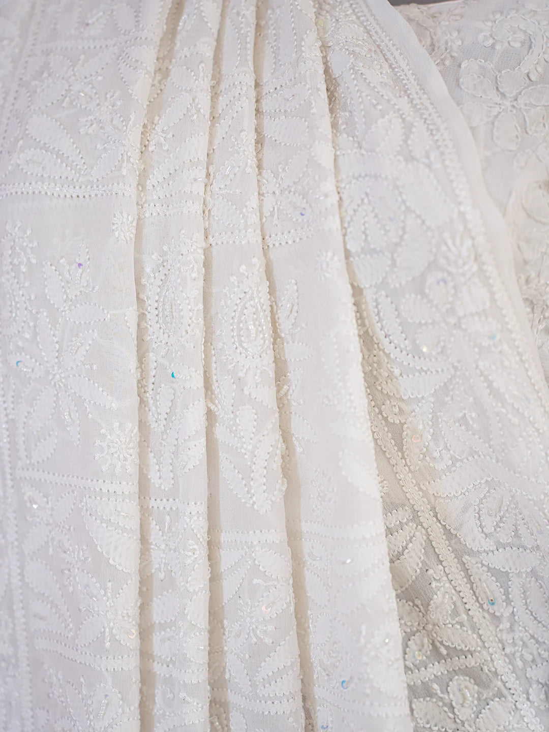 Ada Hand Embroidered White Pure Georgette Lucknowi Chikankari Saree and Blouse With Cutdana Work 01A604430