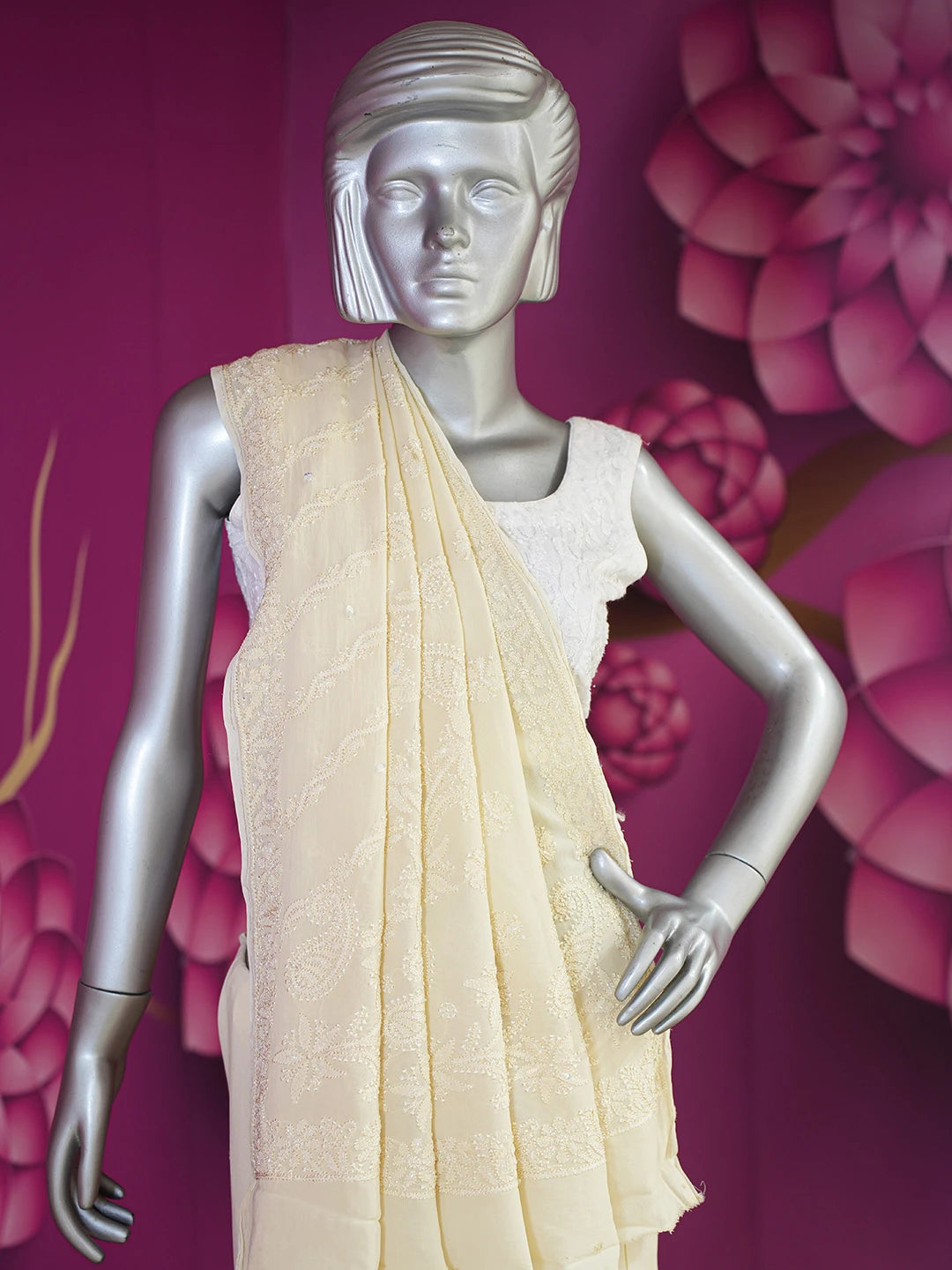 Ada Hand Embroidered Cream Viscose Georgette Lucknowi Chikankari Saree/Blouse With Sequinned Work 01A627697
