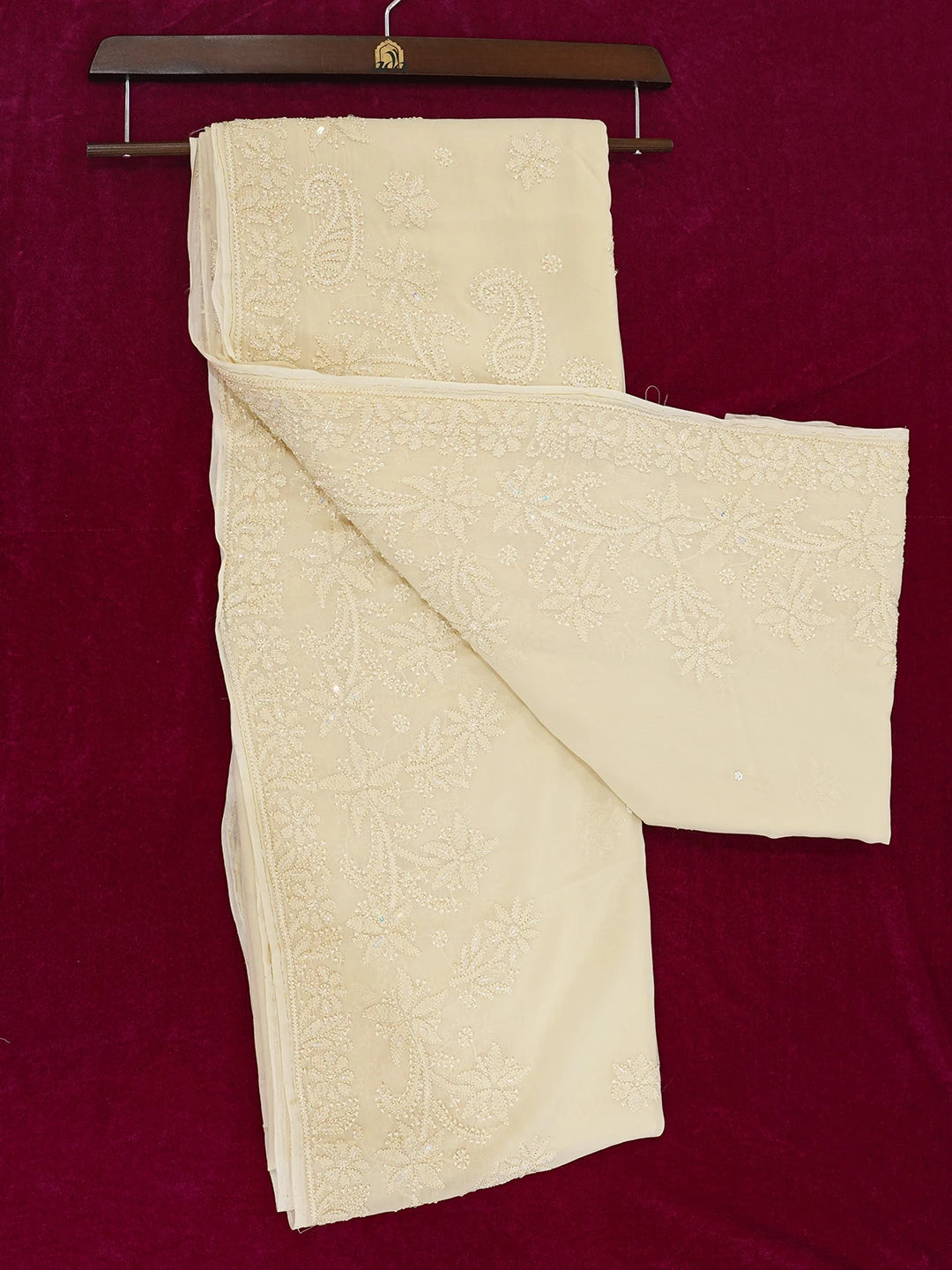 Ada Hand Embroidered Cream Viscose Georgette Lucknowi Chikankari Saree/Blouse With Sequinned Work 01A627697