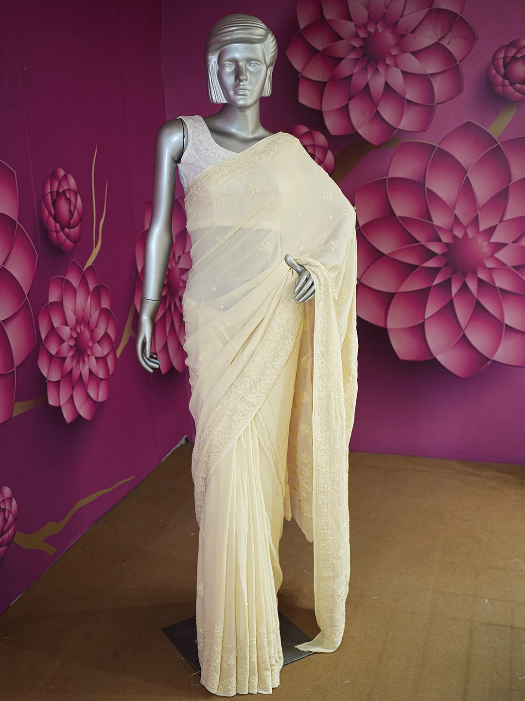 Ada Hand Embroidered Cream Viscose Georgette Lucknowi Chikankari Saree/Blouse With Sequinned Work 01A627697