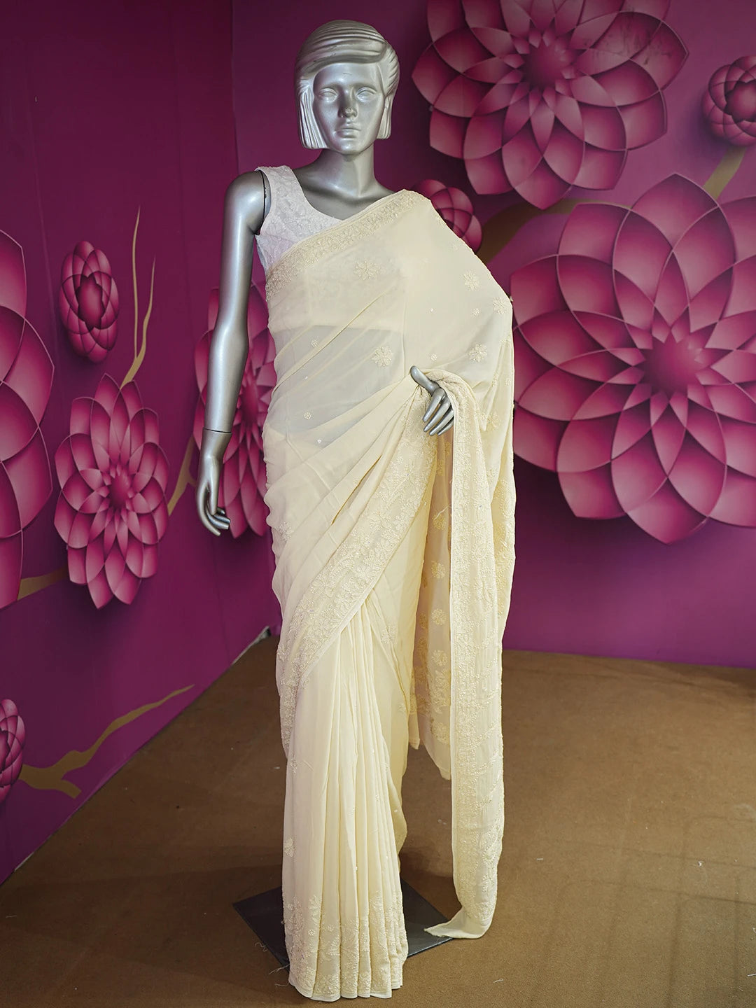 Ada Hand Embroidered Cream Viscose Georgette Lucknowi Chikankari Saree/Blouse With Sequinned Work 01A627697