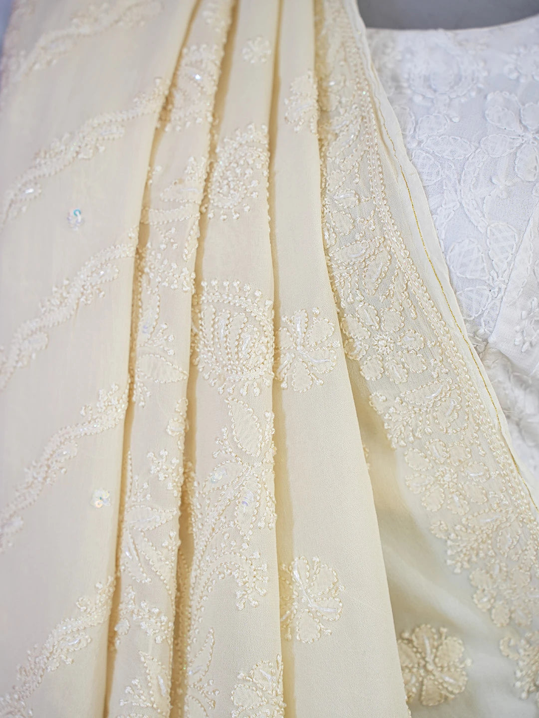 Ada Hand Embroidered Cream Viscose Georgette Lucknowi Chikankari Saree/Blouse With Sequinned Work 01A627697