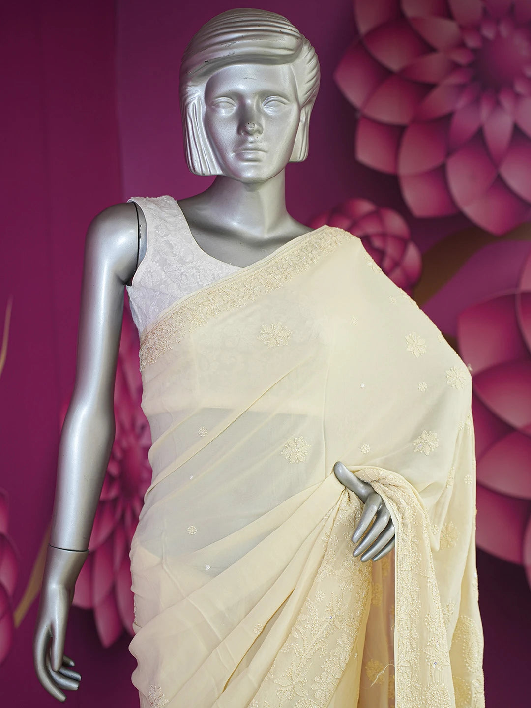 Ada Hand Embroidered Cream Viscose Georgette Lucknowi Chikankari Saree/Blouse With Sequinned Work 01A627697