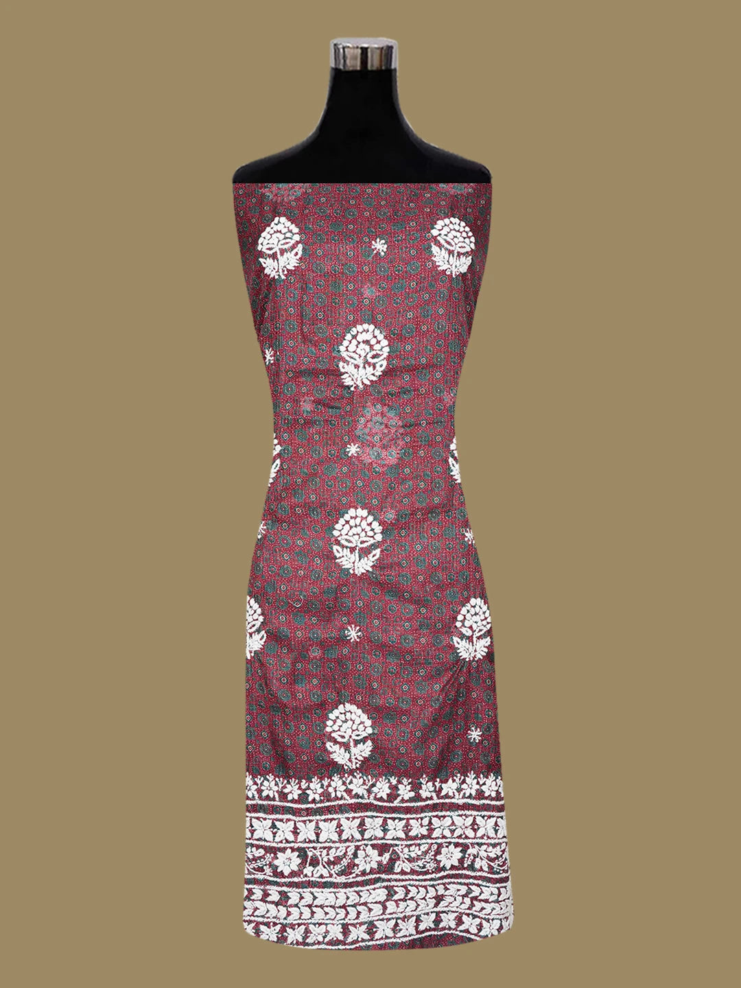 Ada Hand Embroidered Maroon Kota Lucknowi Chikankari Unstitched Kurta Piece 01A409906