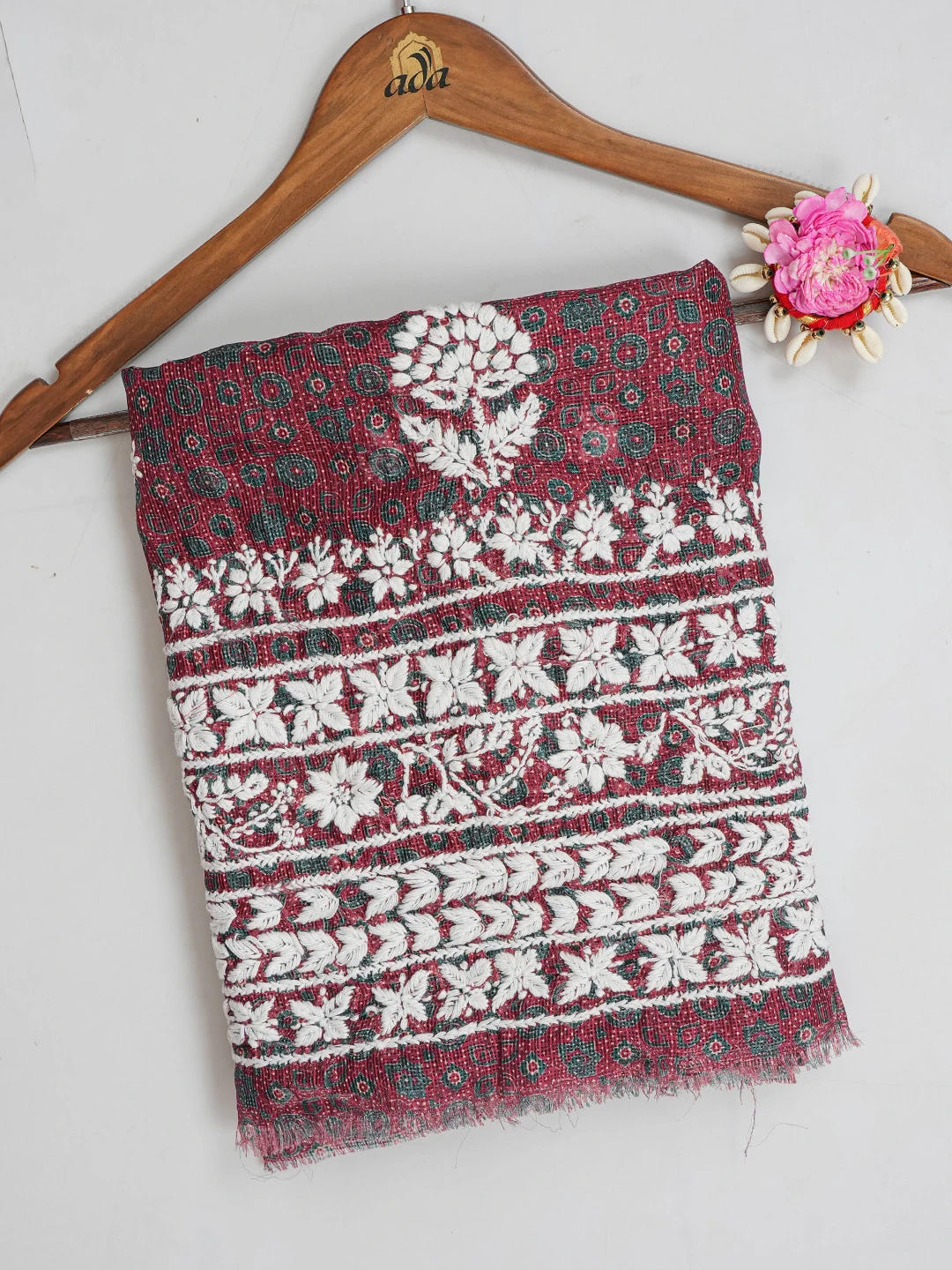 Ada Hand Embroidered Maroon Kota Lucknowi Chikankari Unstitched Kurta Piece 01A409906