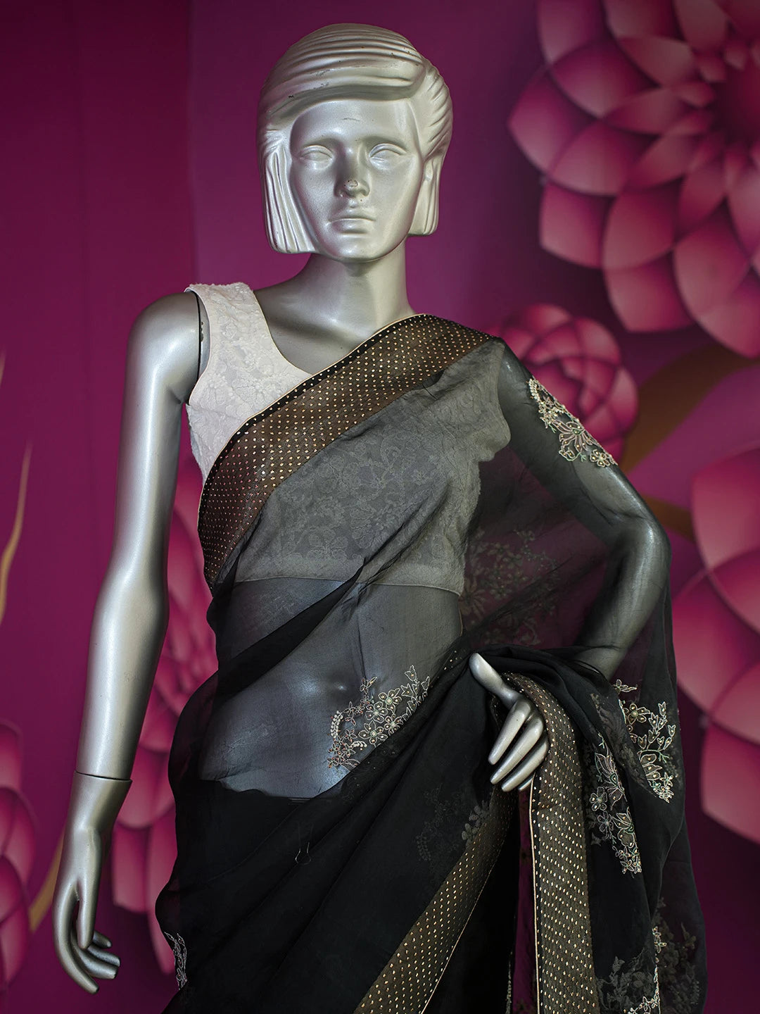 Ada Hand Embroidered Black Organza Lucknowi Chikankari Saree and Blouse With Muqaish Work 01A559648