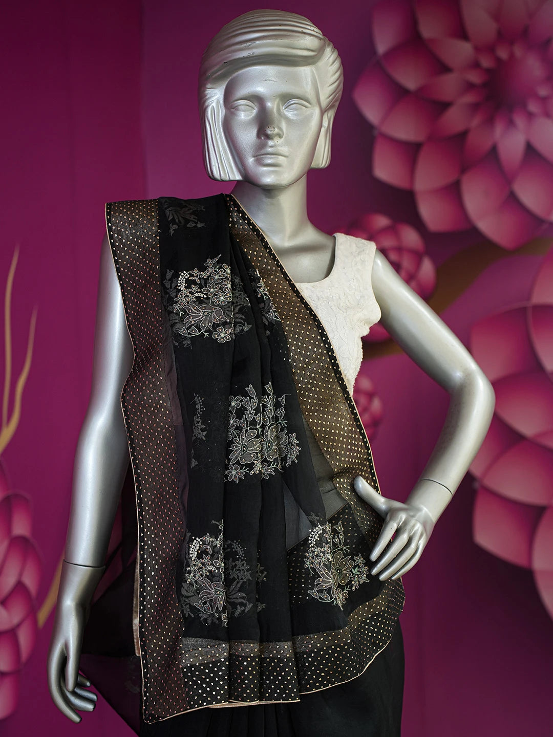 Ada Hand Embroidered Black Organza Lucknowi Chikankari Saree and Blouse With Muqaish Work 01A559648