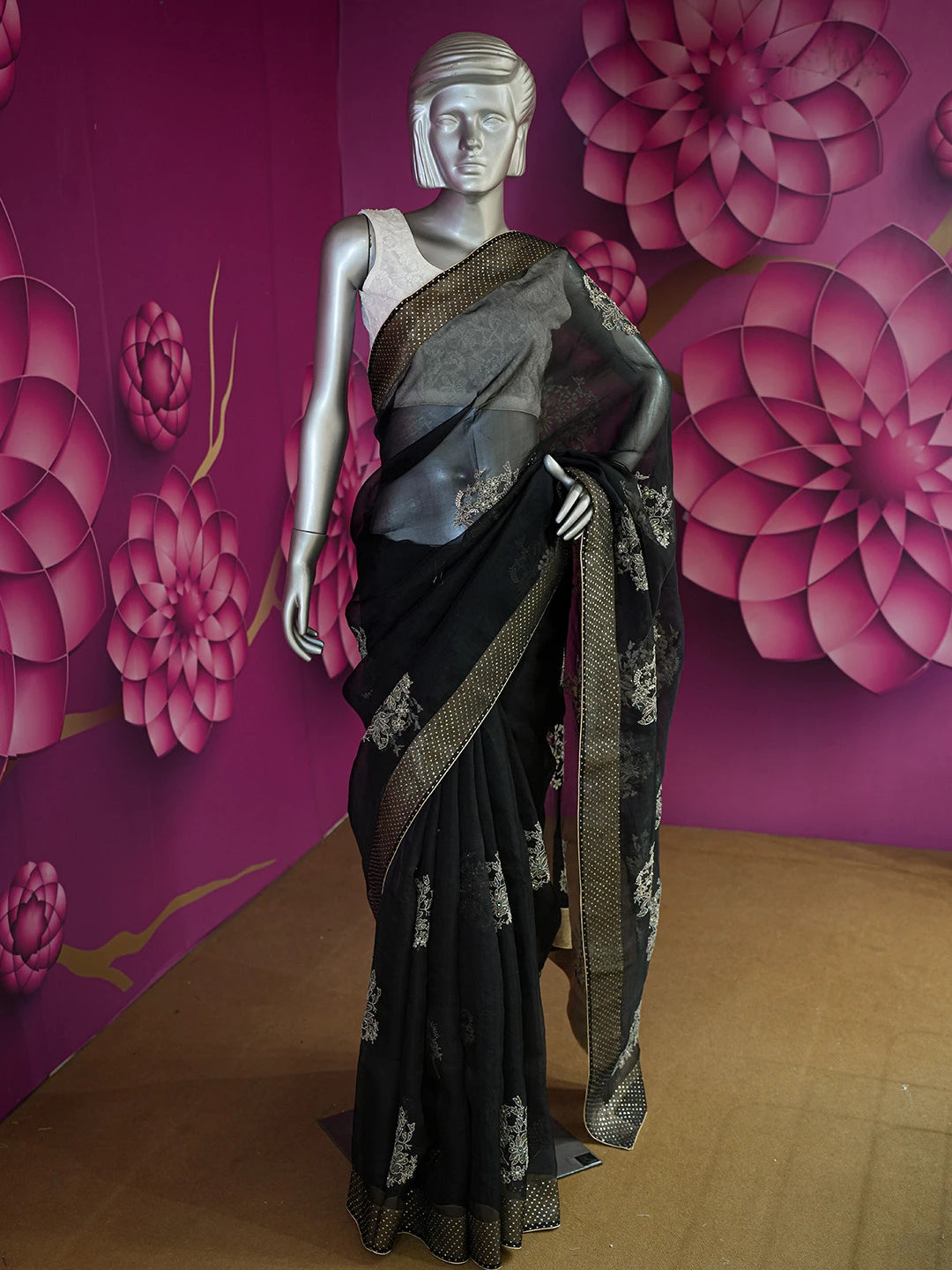 Ada Hand Embroidered Black Organza Lucknowi Chikankari Saree and Blouse With Muqaish Work 01A559648