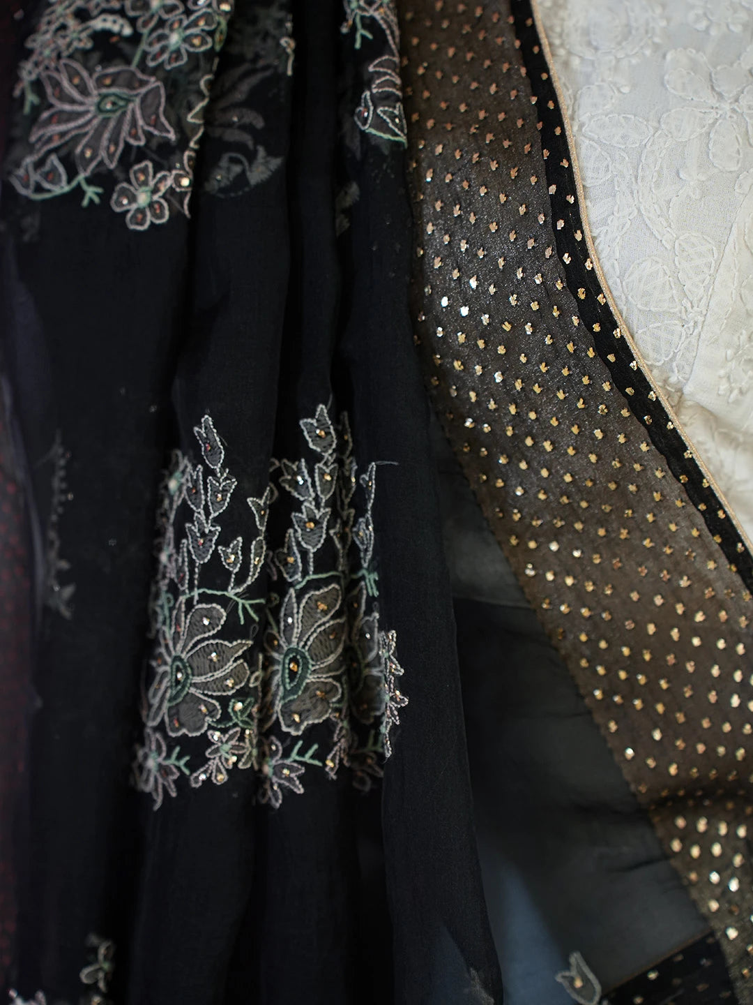 Ada Hand Embroidered Black Organza Lucknowi Chikankari Saree and Blouse With Muqaish Work 01A559648