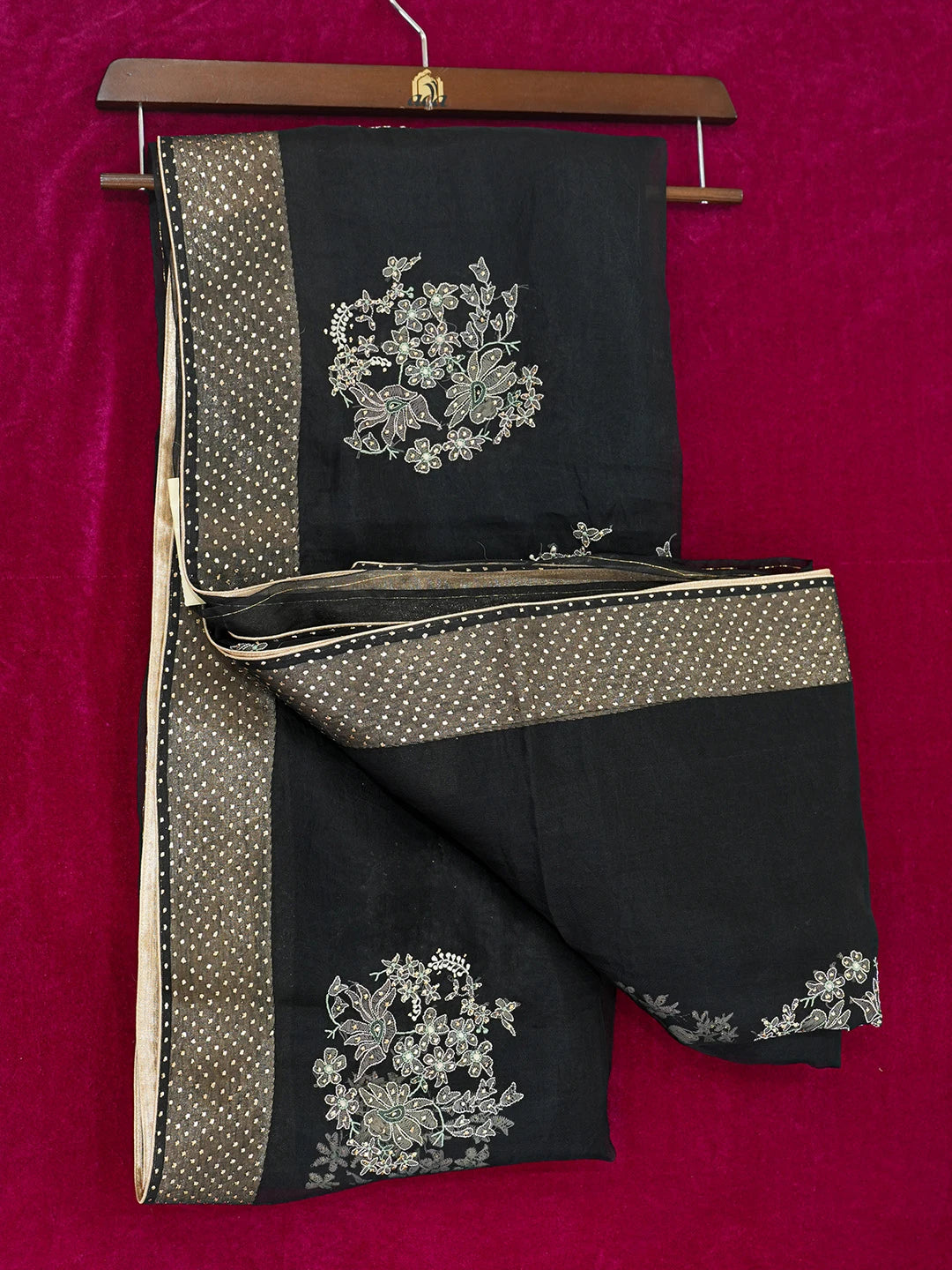 Ada Hand Embroidered Black Organza Lucknowi Chikankari Saree and Blouse With Muqaish Work 01A559648