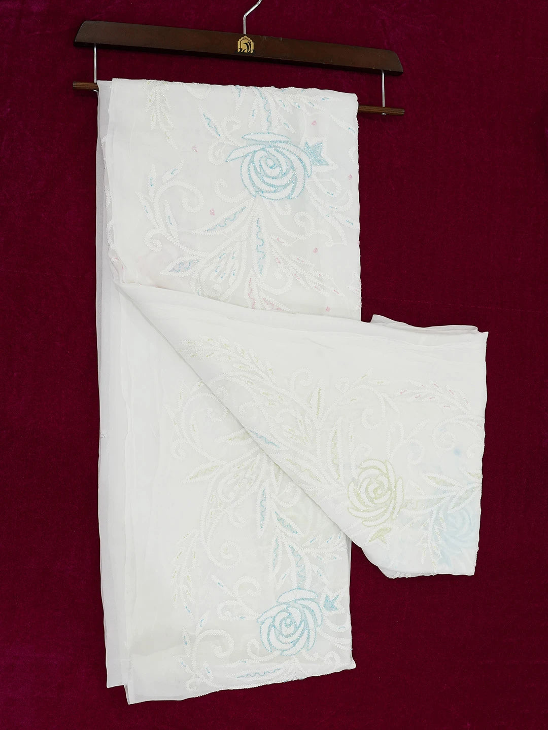 Ada Hand Embroidered White Viscose Georgette Lucknowi Chikankari Saree and Blouse With Sequinned Work 01A647626