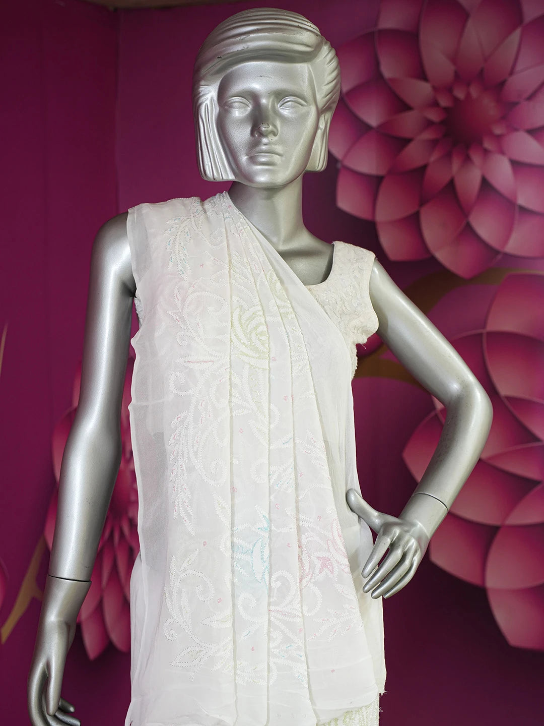 Ada Hand Embroidered White Viscose Georgette Lucknowi Chikankari Saree and Blouse With Sequinned Work 01A647626