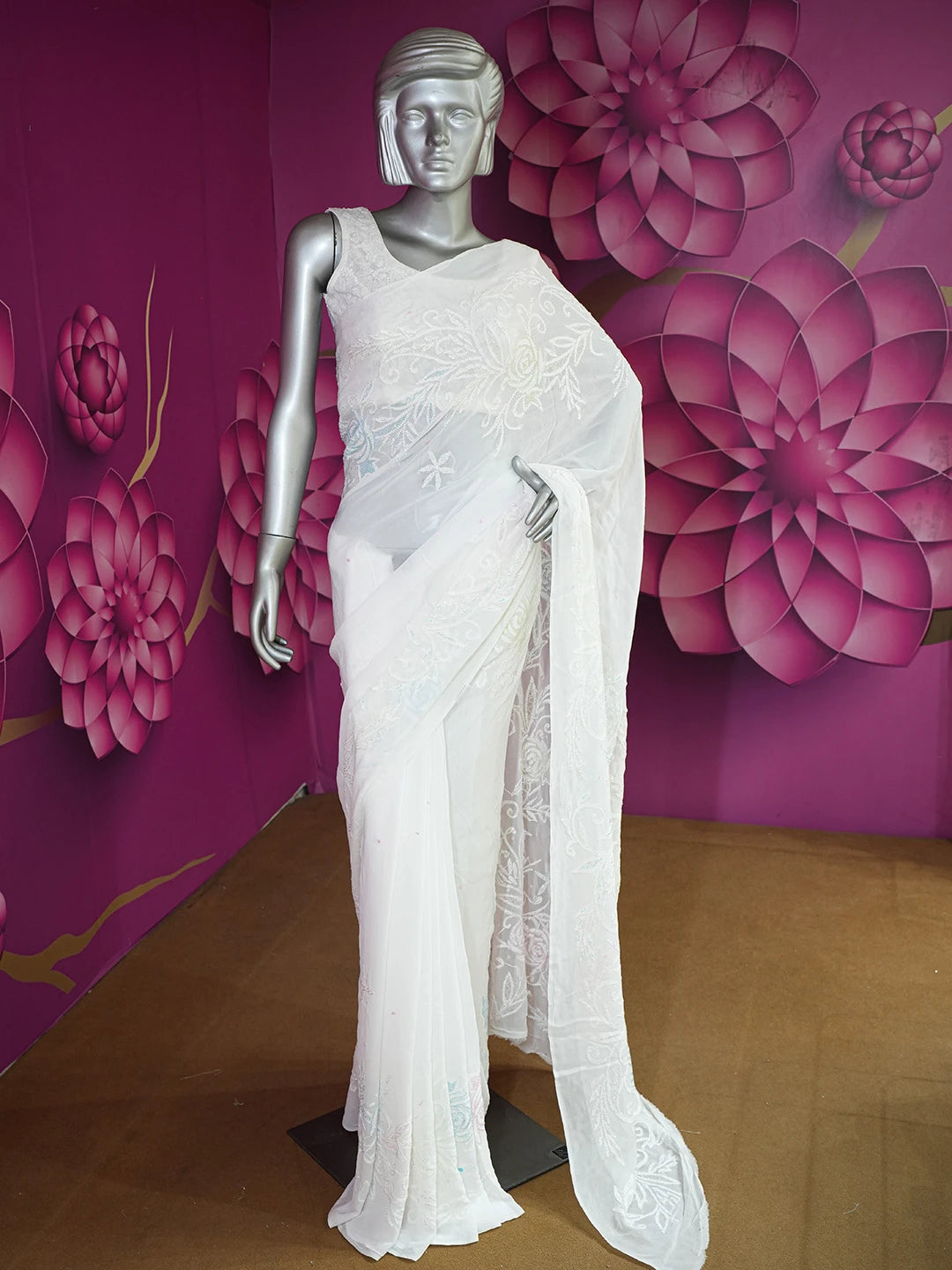 Ada Hand Embroidered White Viscose Georgette Lucknowi Chikankari Saree and Blouse With Sequinned Work 01A647626