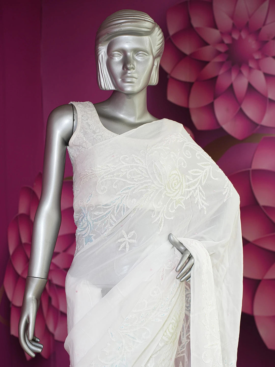 Ada Hand Embroidered White Viscose Georgette Lucknowi Chikankari Saree and Blouse With Sequinned Work 01A647626