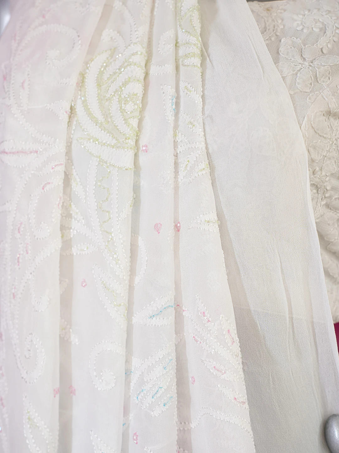 Ada Hand Embroidered White Viscose Georgette Lucknowi Chikankari Saree and Blouse With Sequinned Work 01A647626
