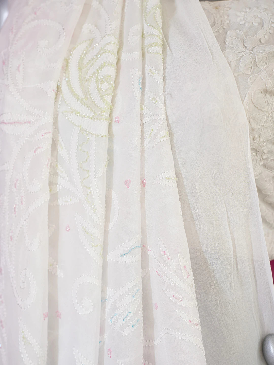 Ada Hand Embroidered White Viscose Georgette Lucknowi Chikankari Saree and Blouse With Sequinned Work 01A647626