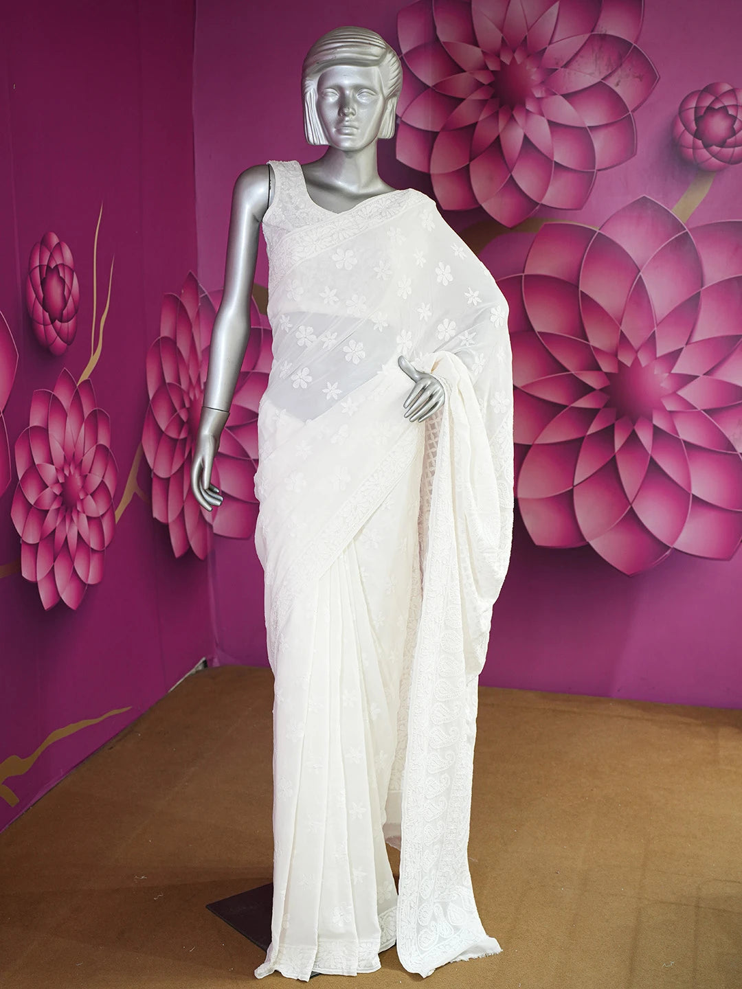 Ada Hand Embroidered Smoke White Pure Georgette Lucknowi Chikankari Saree with Blouse 01A523955