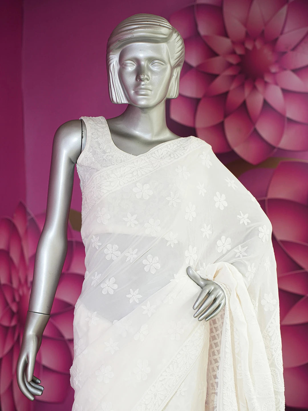Ada Hand Embroidered Smoke White Pure Georgette Lucknowi Chikankari Saree with Blouse 01A523955