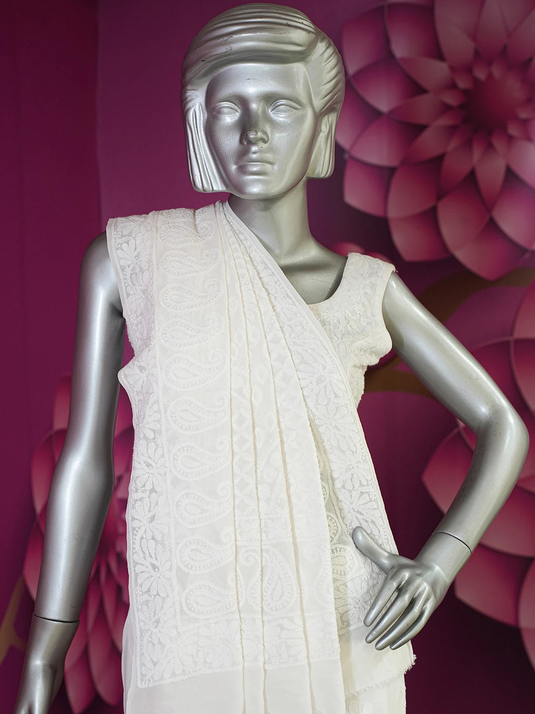 Ada Hand Embroidered Smoke White Pure Georgette Lucknowi Chikankari Saree with Blouse 01A523955