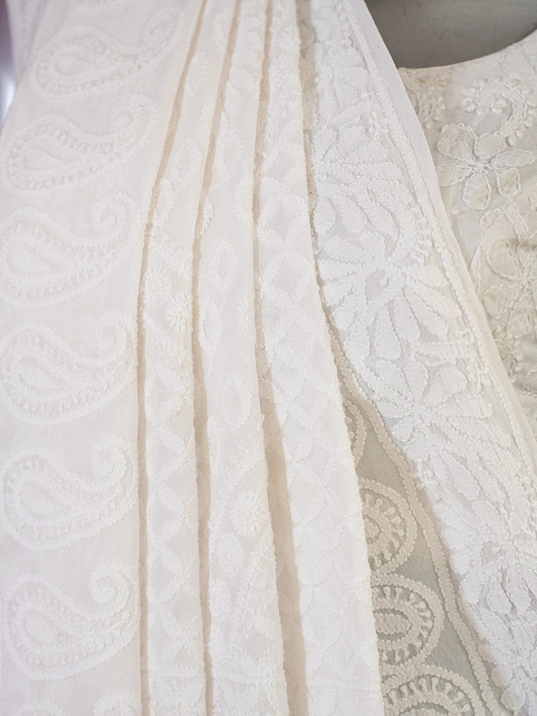 Ada Hand Embroidered Smoke White Pure Georgette Lucknowi Chikankari Saree with Blouse 01A523955