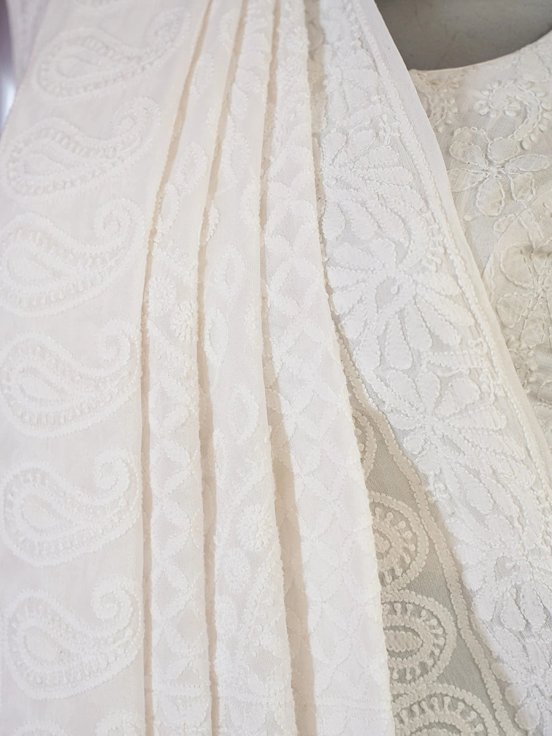 Ada Hand Embroidered Smoke White Pure Georgette Lucknowi Chikankari Saree with Blouse 01A523955