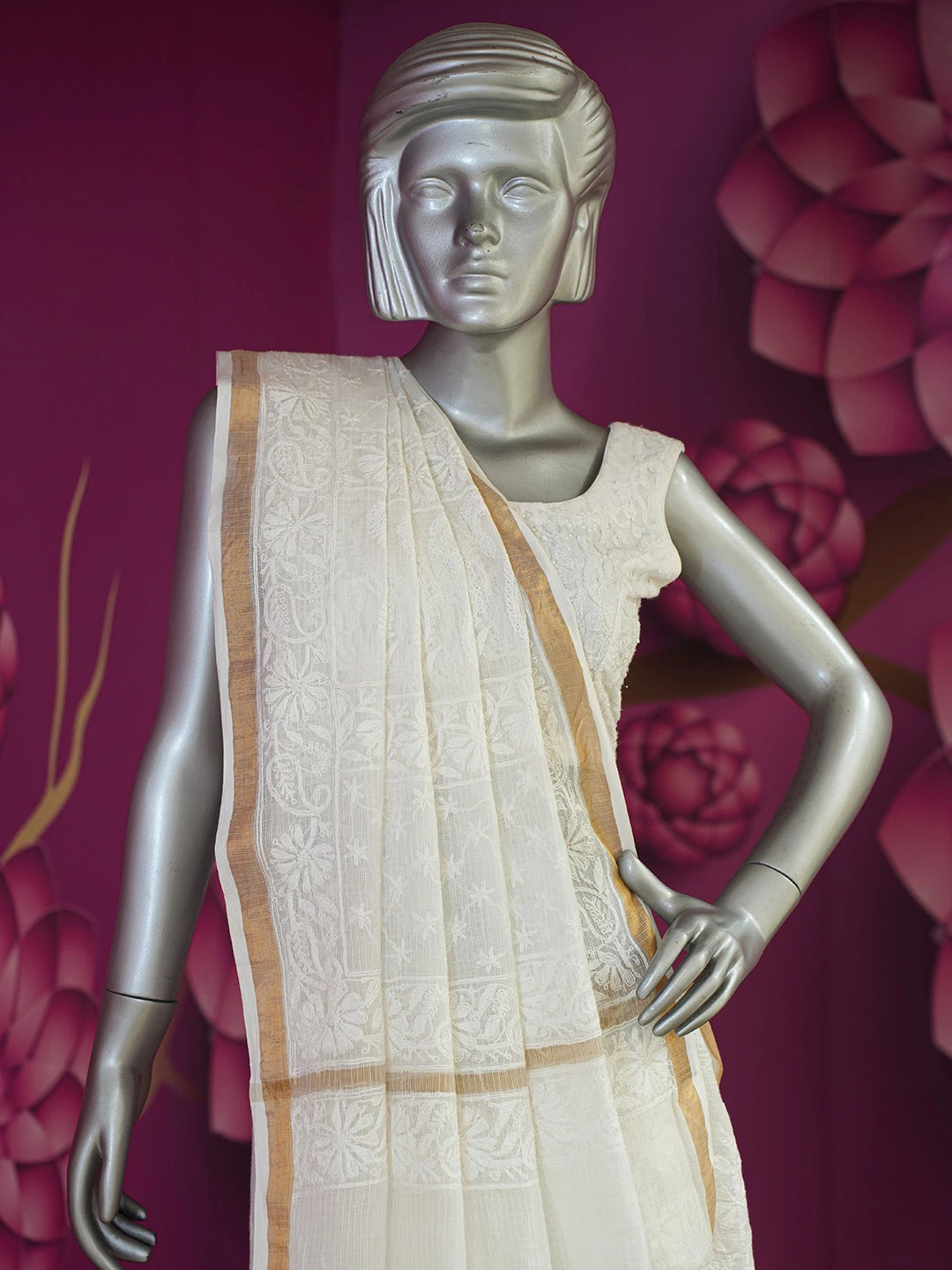 Ada Hand Embroidered White Kota Lucknowi Chikankari Saree and Blouse 01A477680
