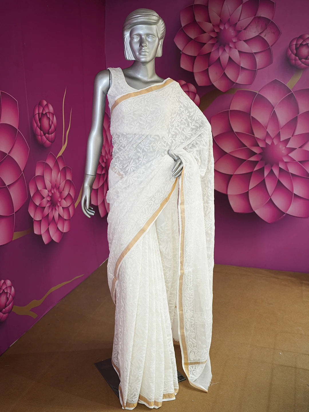 Ada Hand Embroidered White Kota Lucknowi Chikankari Saree and Blouse 01A477680