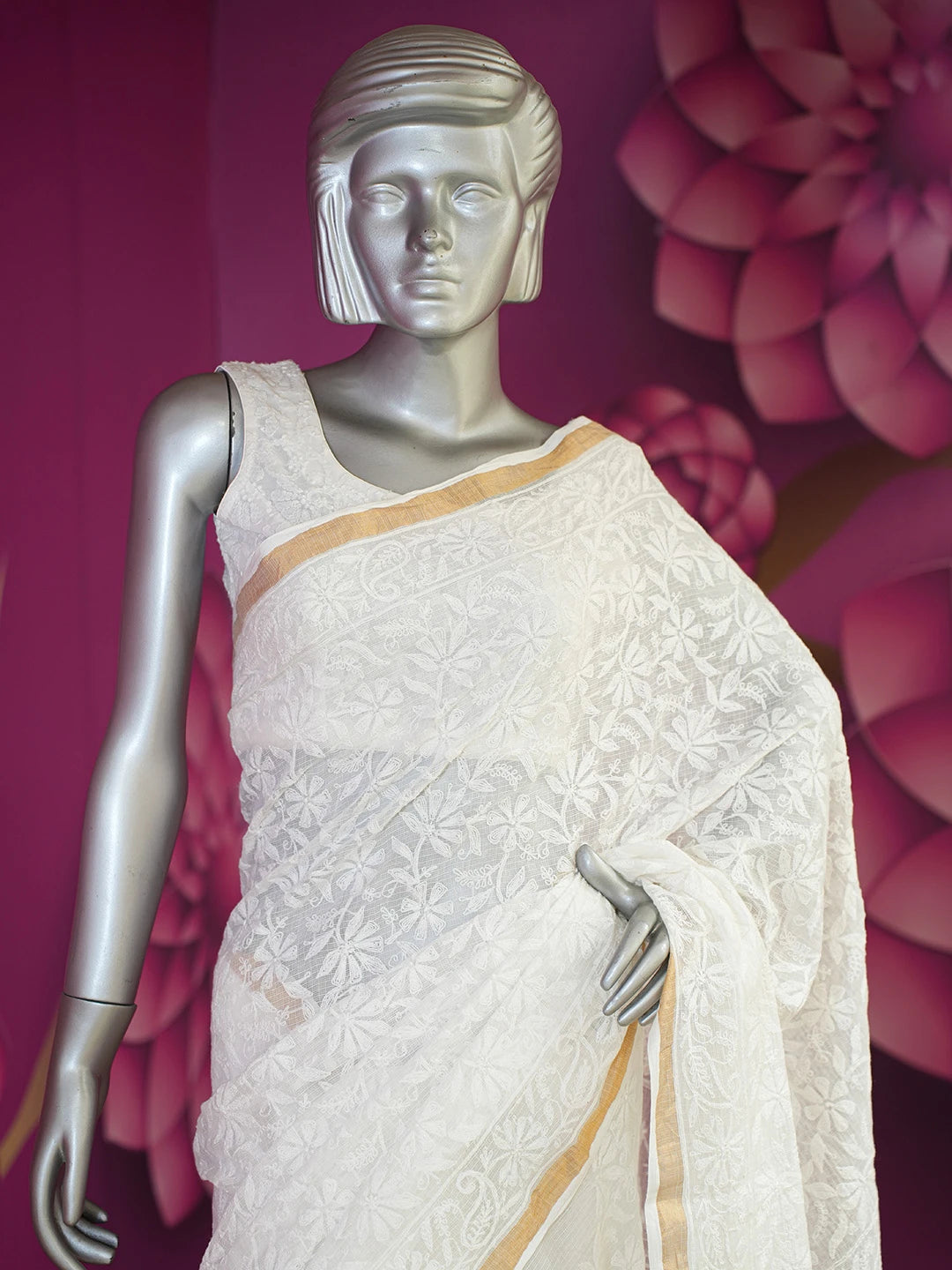 Ada Hand Embroidered White Kota Lucknowi Chikankari Saree and Blouse 01A477680